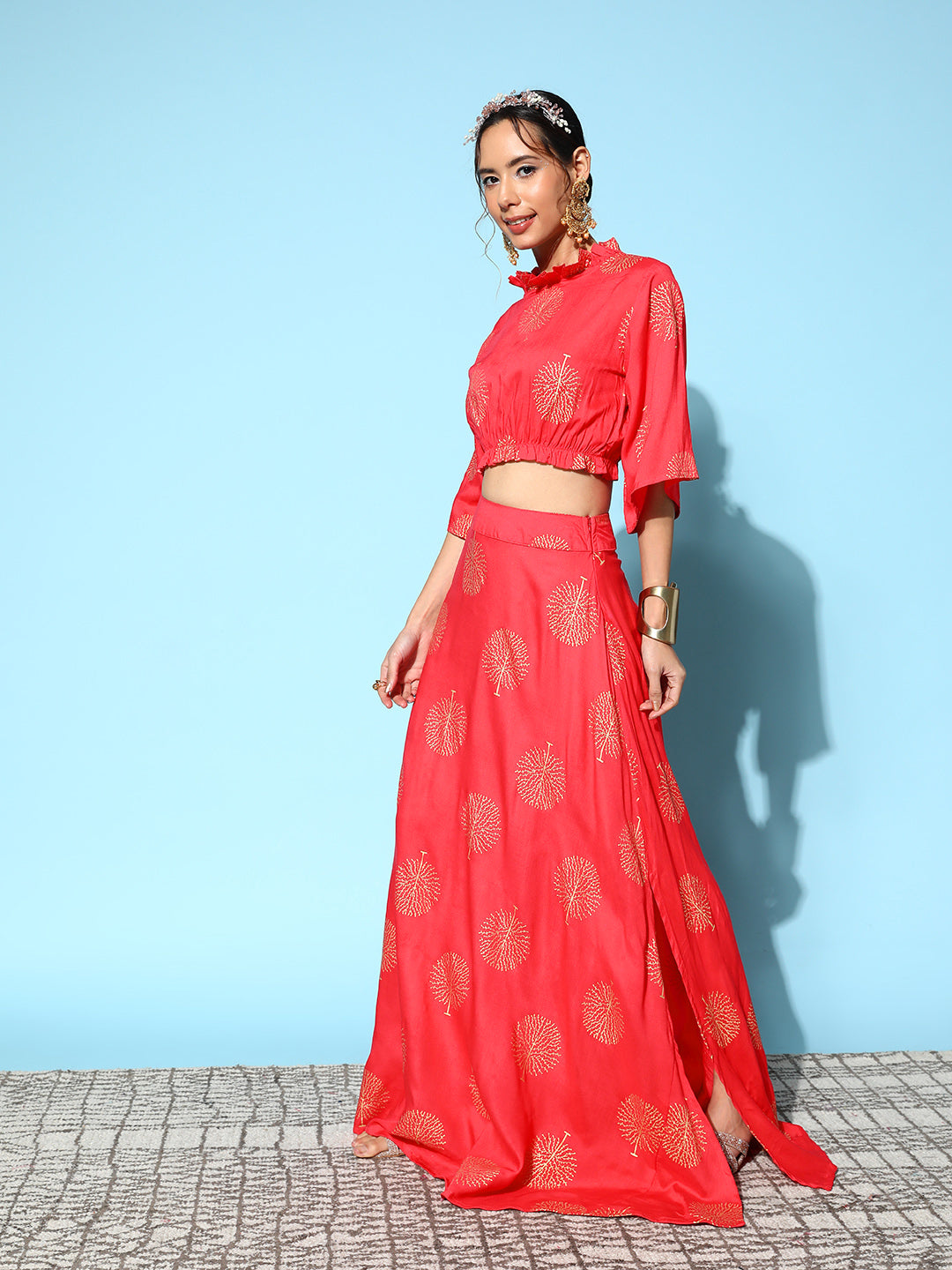 InWeave Women's Red Gold Printed Crop Top With Side Slit Skirt - Swadesiicart
