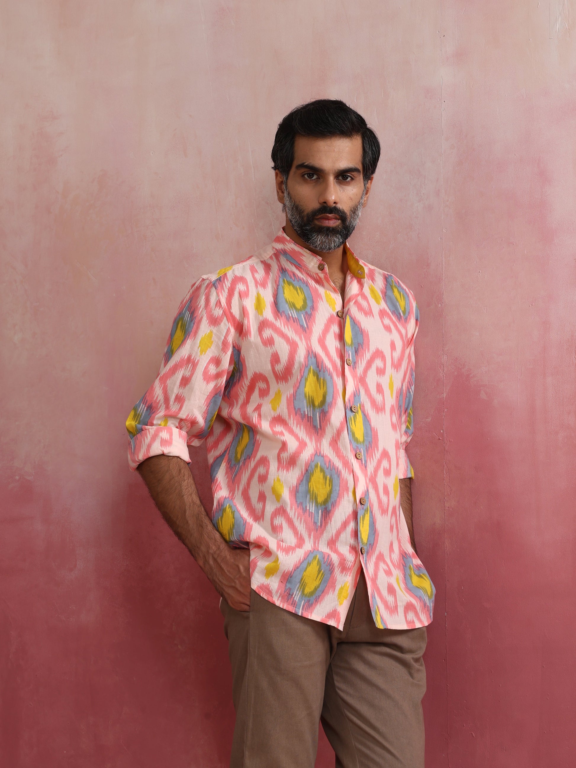 trueBrowns Men's Lime Ikat Print Cotton Shirt | Swadesiicart
