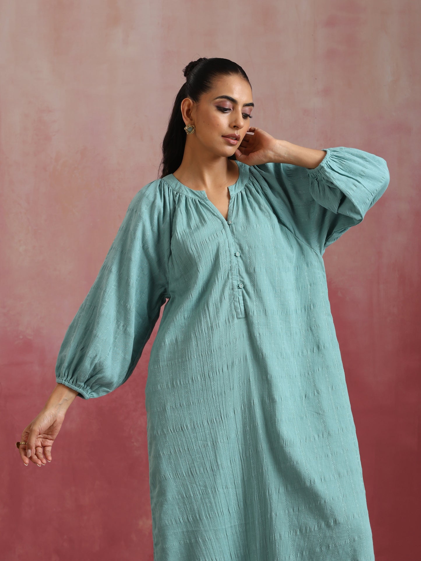 trueBrowns Aqua Blue Cotton Dobby Dress | Swadesiicart