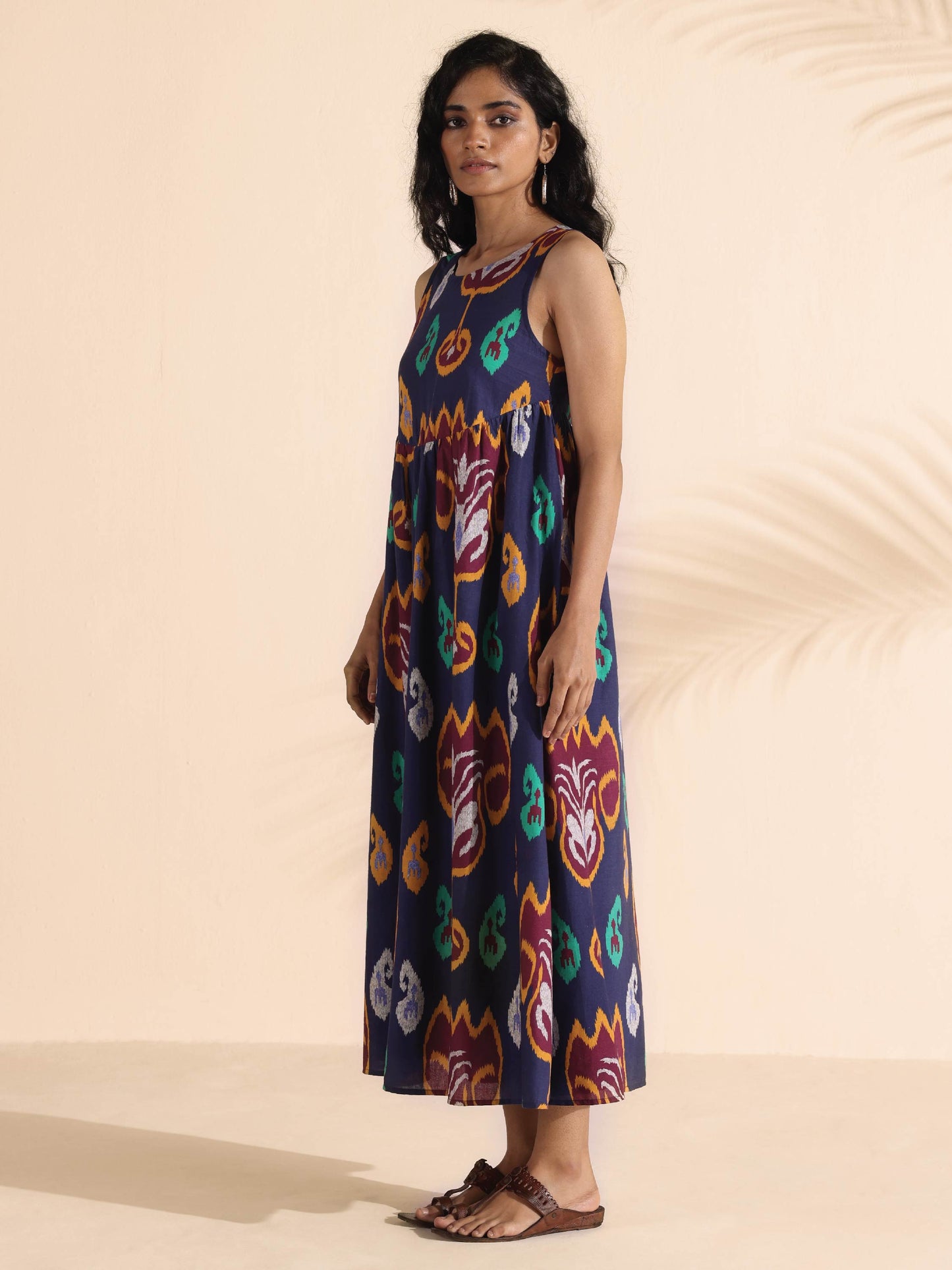 trueBrowns Purple Cotton Ikat Flared Dress | Swadesiicart