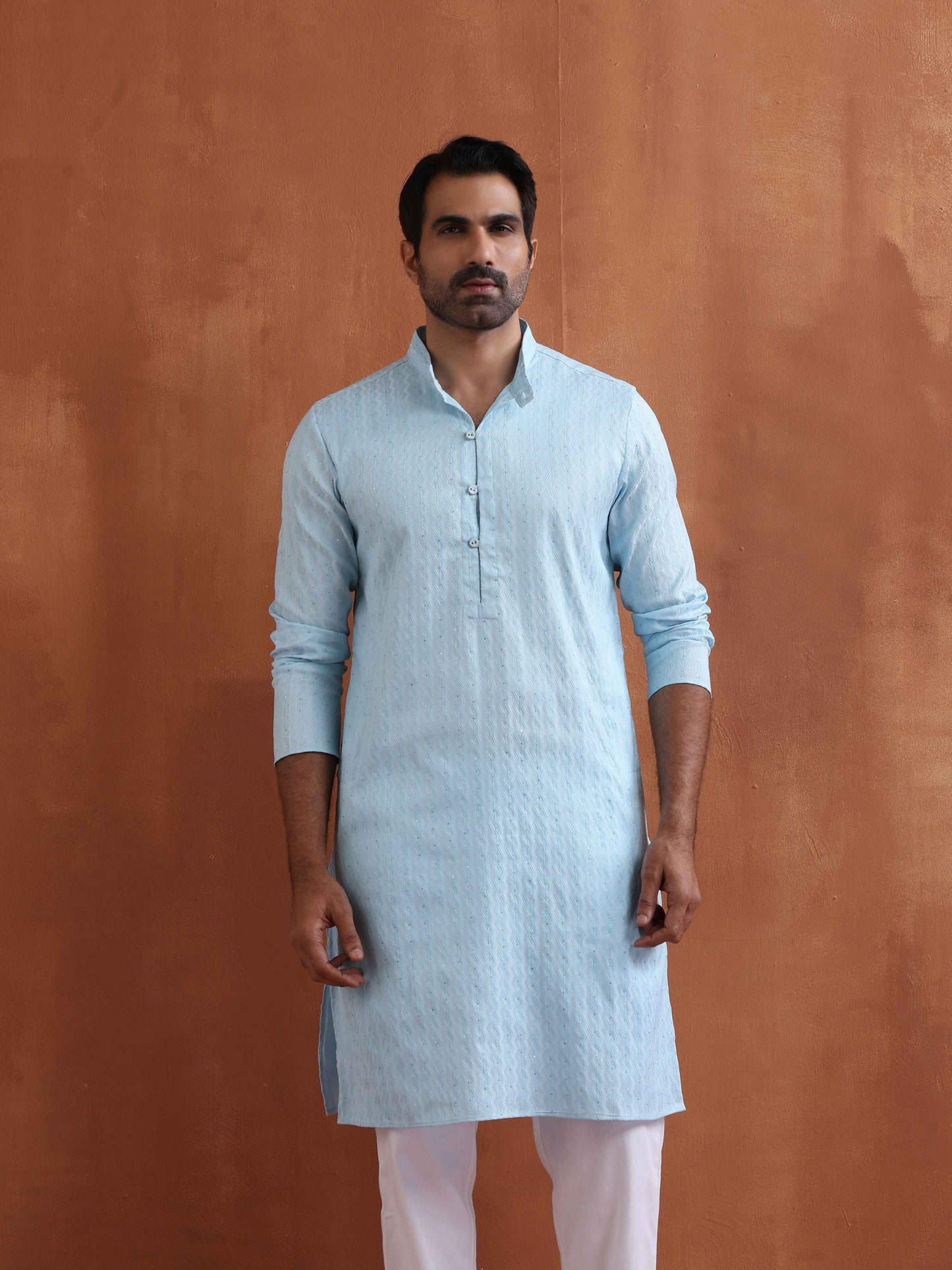 trueBrowns Men's Blue Sequin Chanderi Kurta | Swadesiicart