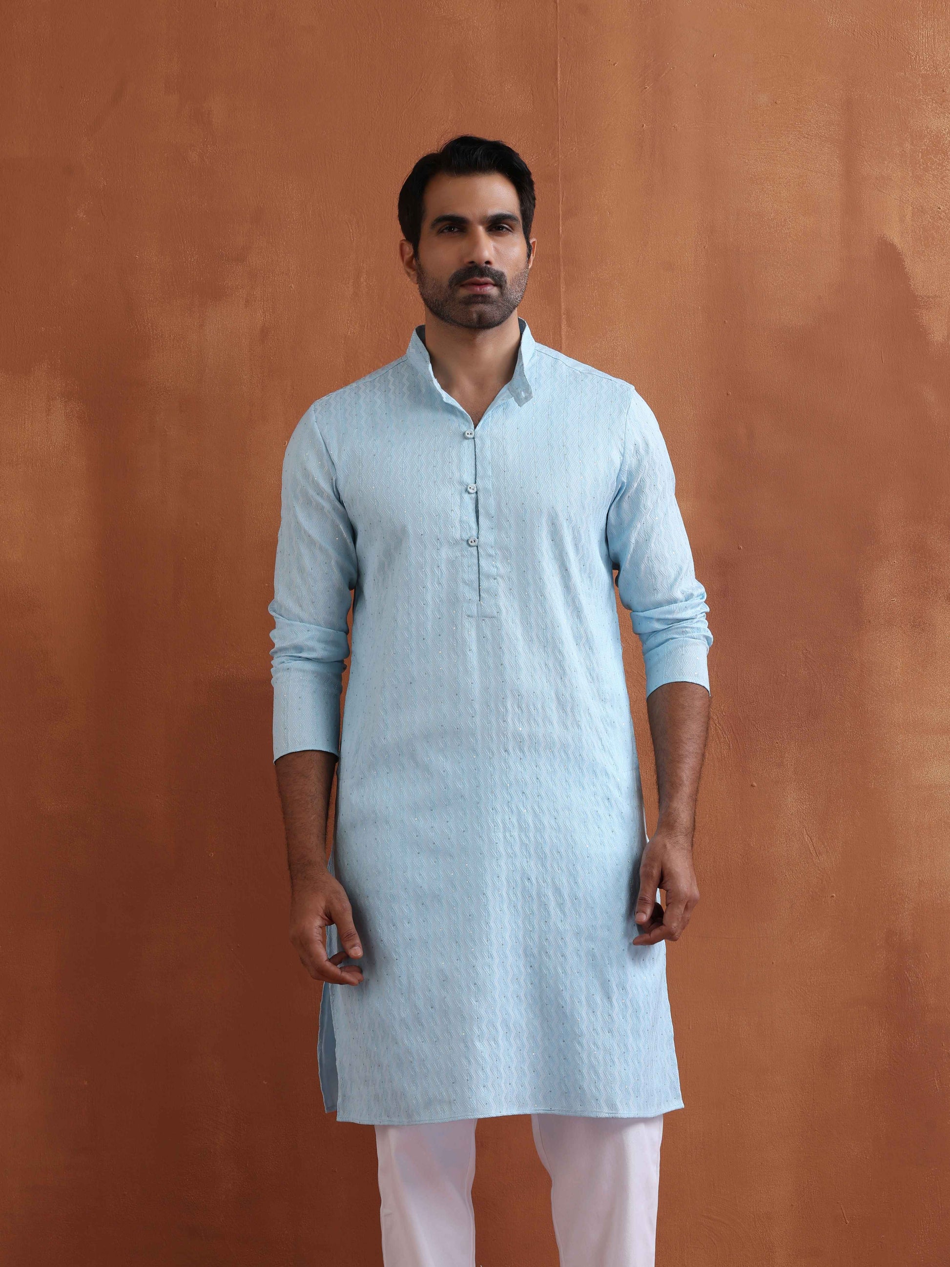 trueBrowns Men's Blue Sequin Chanderi Kurta | Swadesiicart