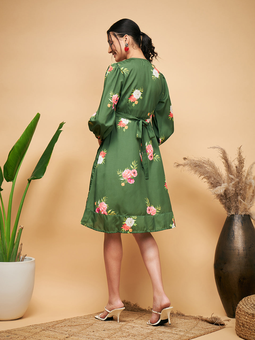 InWeave Women's Green Small Flower Belted Dress - Swadesiicart