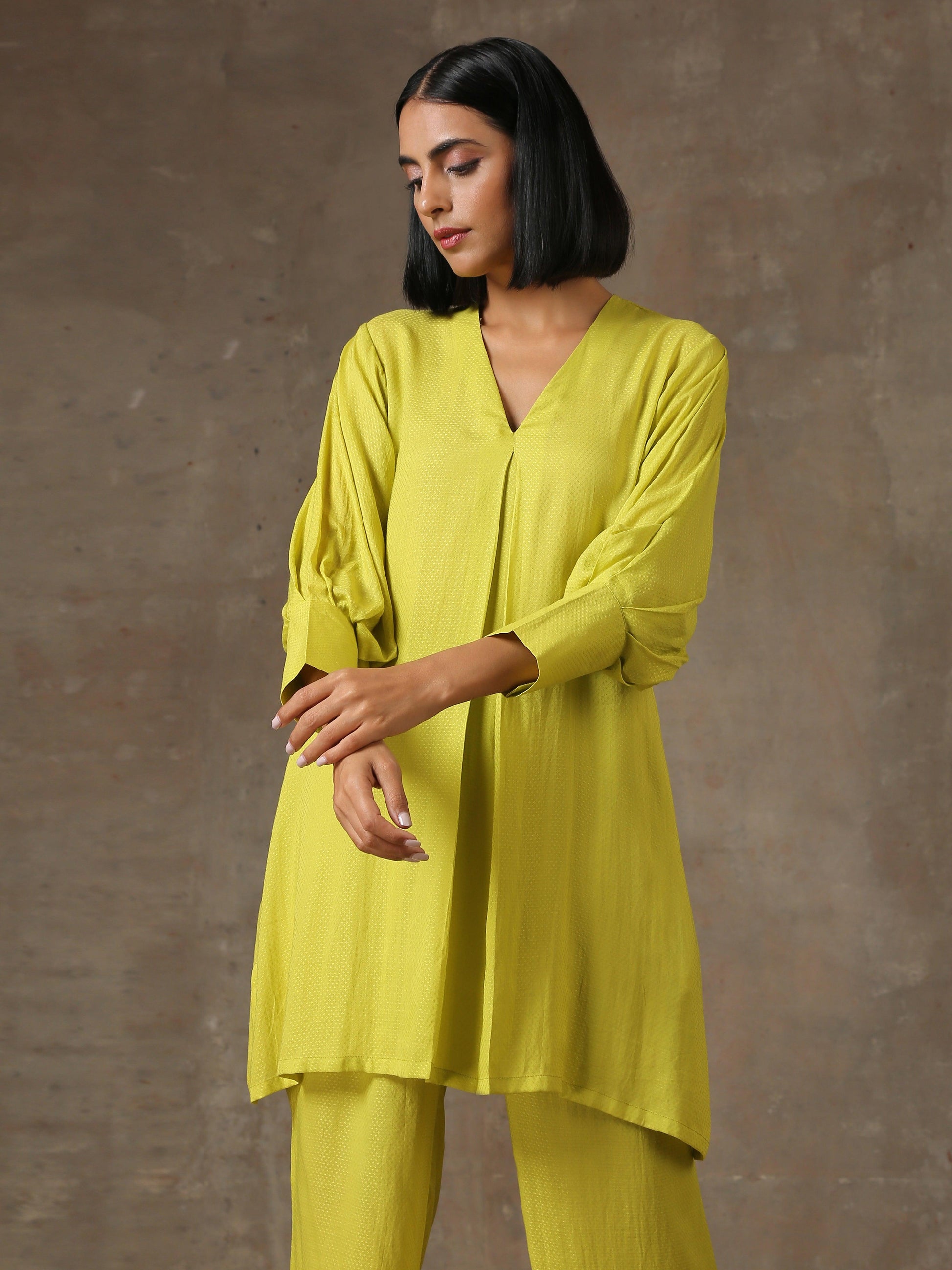 trueBrowns The Penelope - Lime Green Solid Textured Co-Ord Set - Swadesiicart