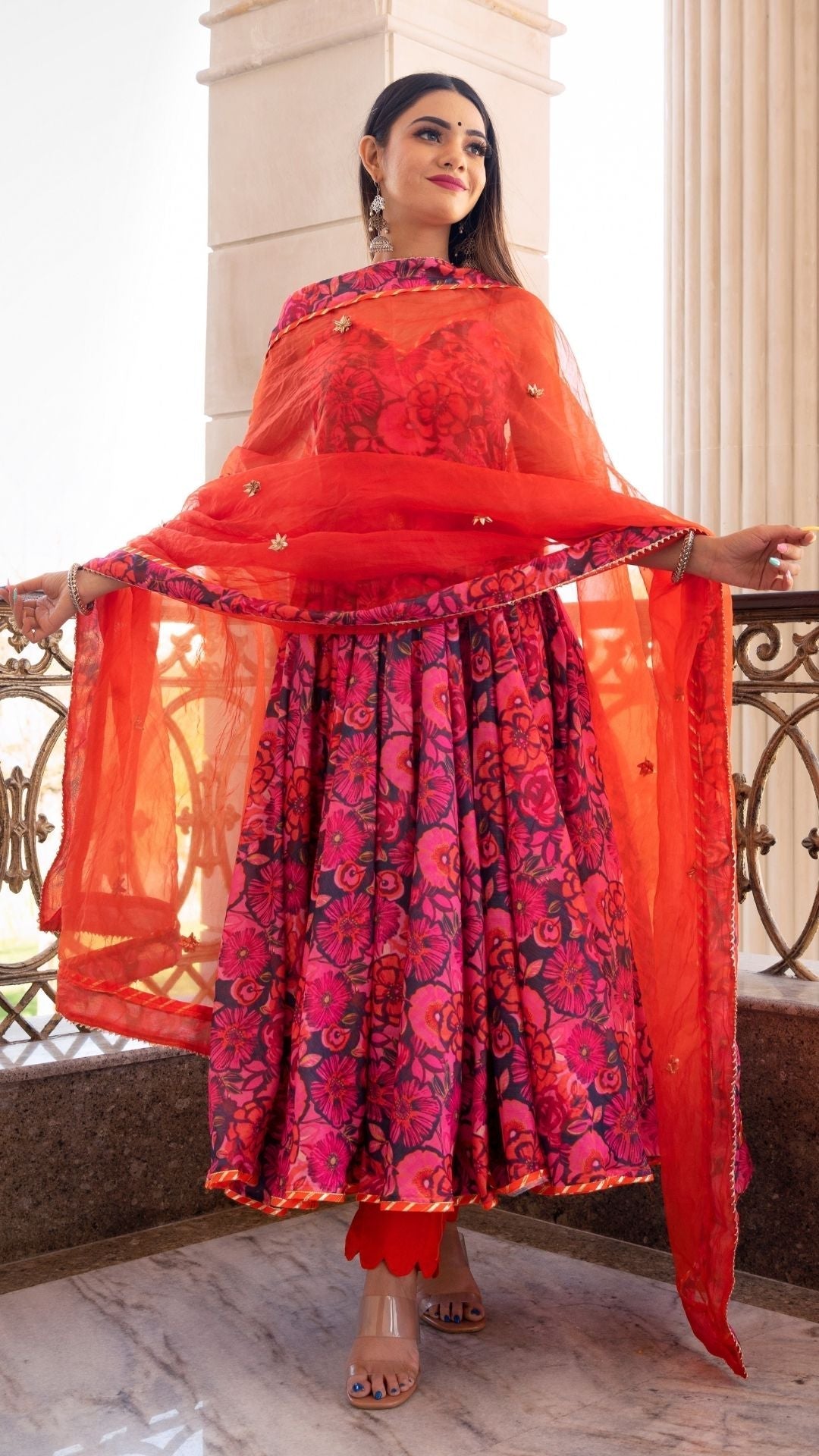 Pomcha Jaipur Tara Orange Printed Anarkali Set | Swadesiicart
