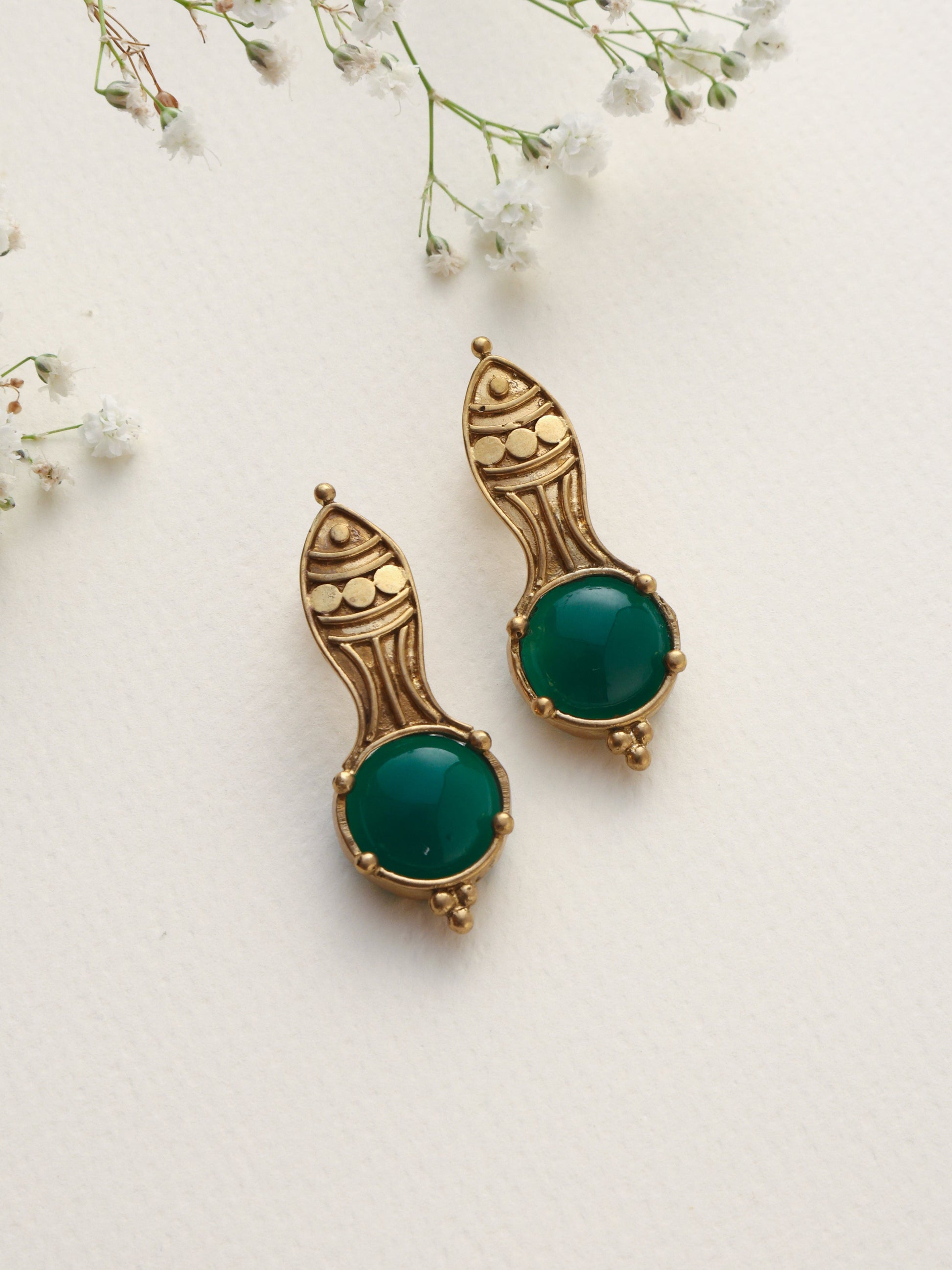 trueBrowns Brass Green Stone Abstarct Earrings - Swadesiicart
