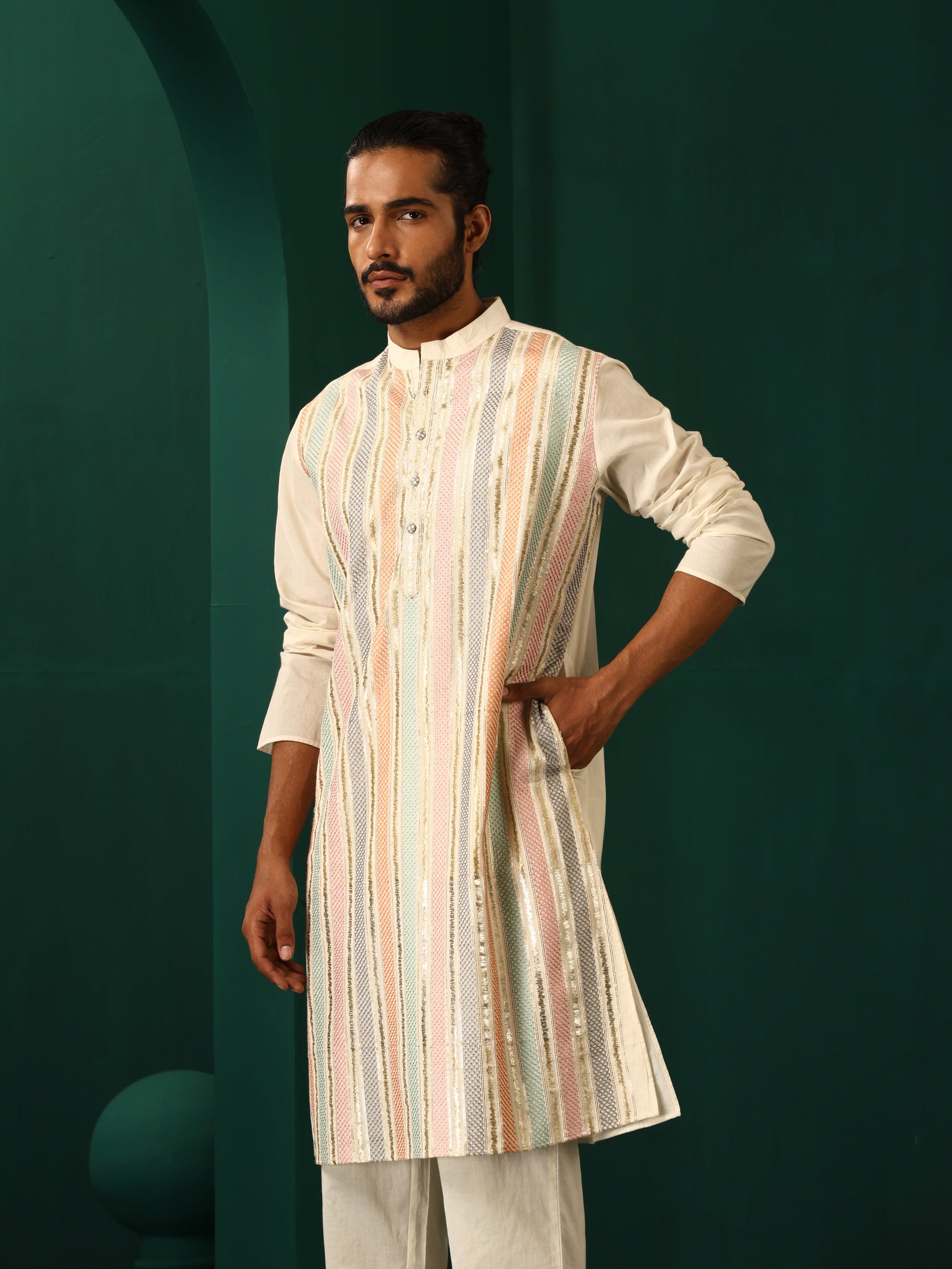 trueBrowns Men's Ivory Multi Colour Striped Cotton Kurta | Swadesiicart