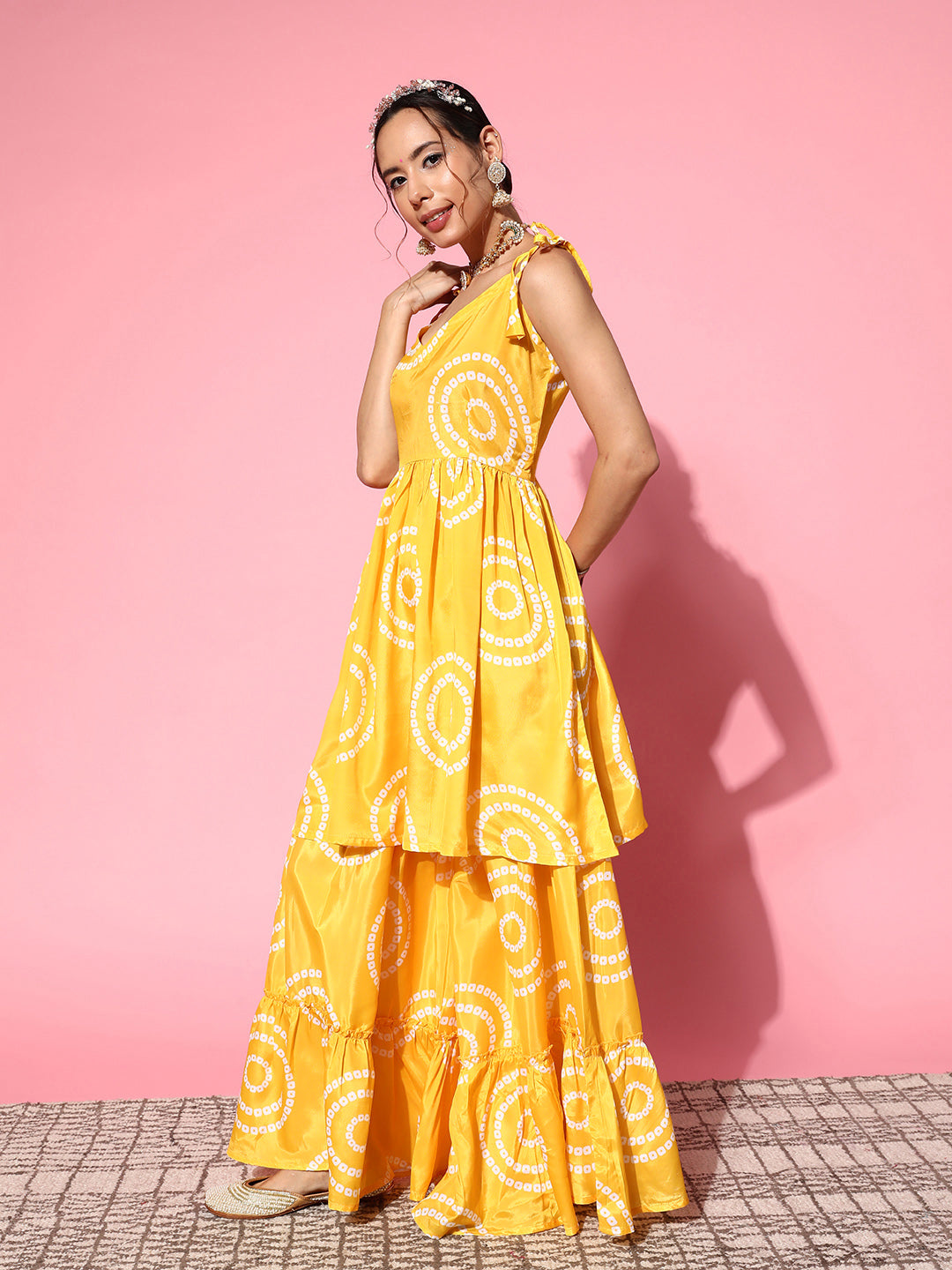 InWeave Women's Yellow Bandhani Motif Shoulder Tie Up Kurta Set - Swadesiicart