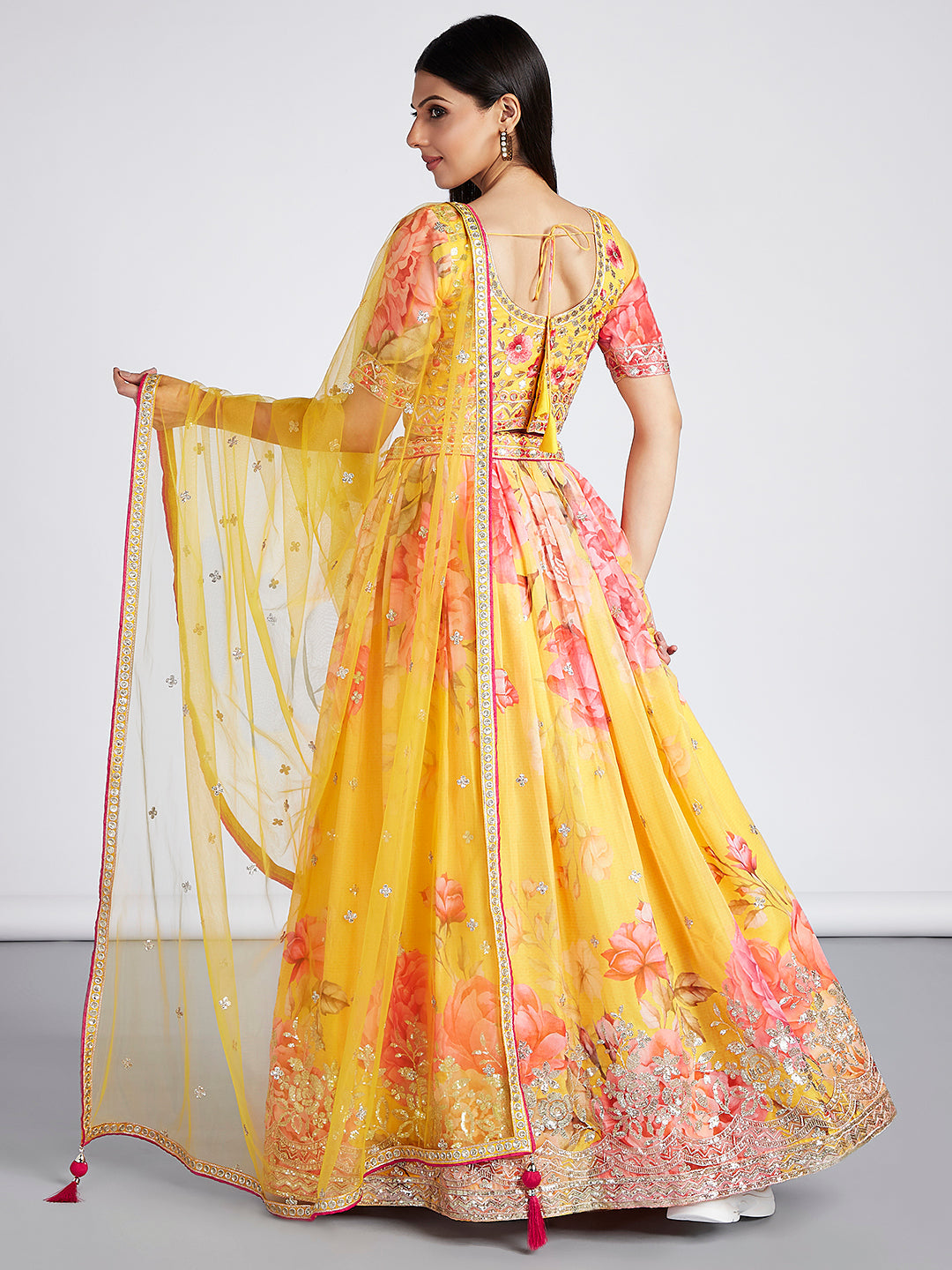 House of Panchhi Yellow Colour Organza Floral Design Digital Print Lehenga Choli & Dupatta | Swadesiicart