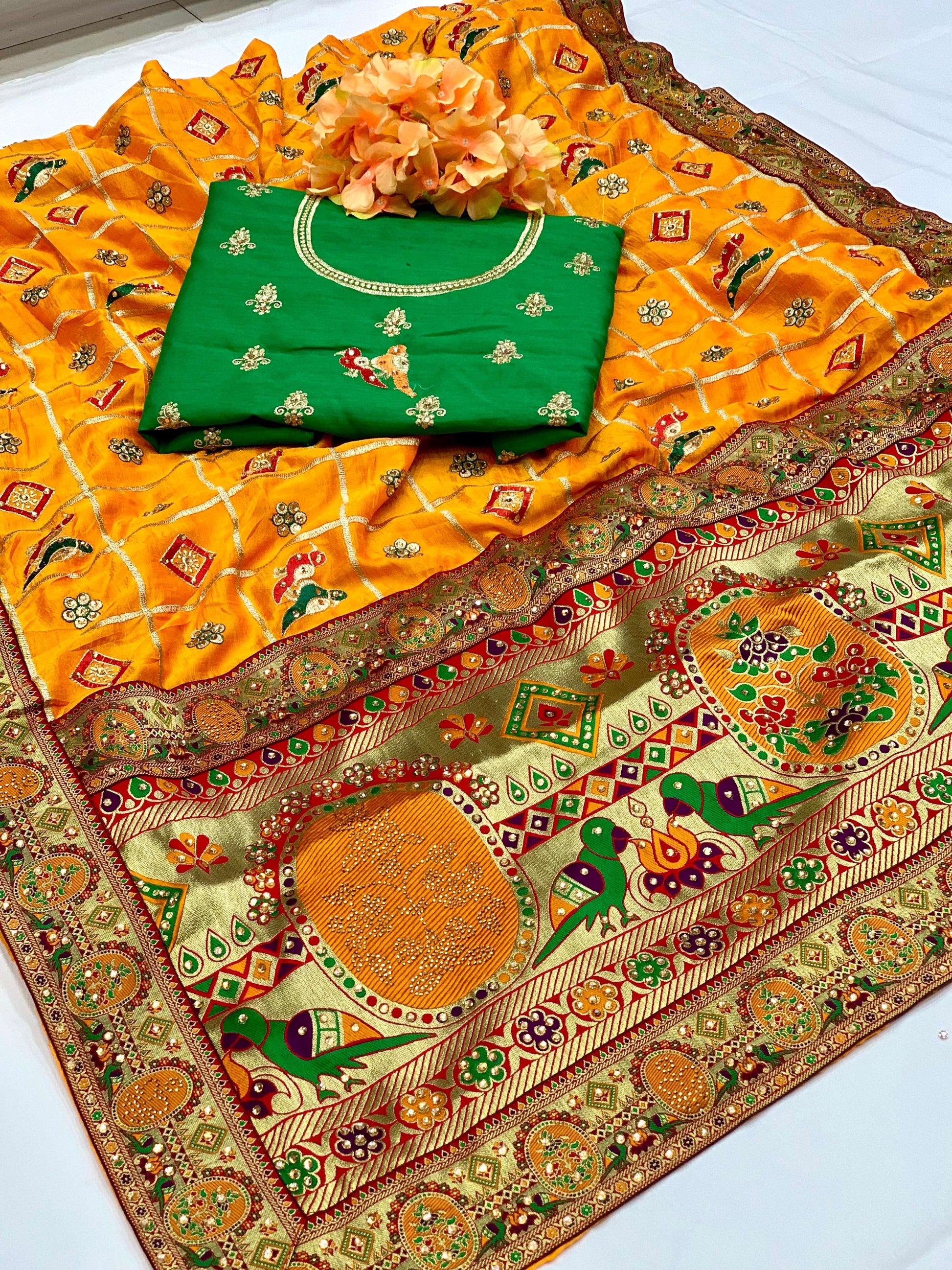 Lorenvalley Fashion Premium Yellow Vichitra Silk Embroidery and Diamond work Both Side Saree - Swadesiicart