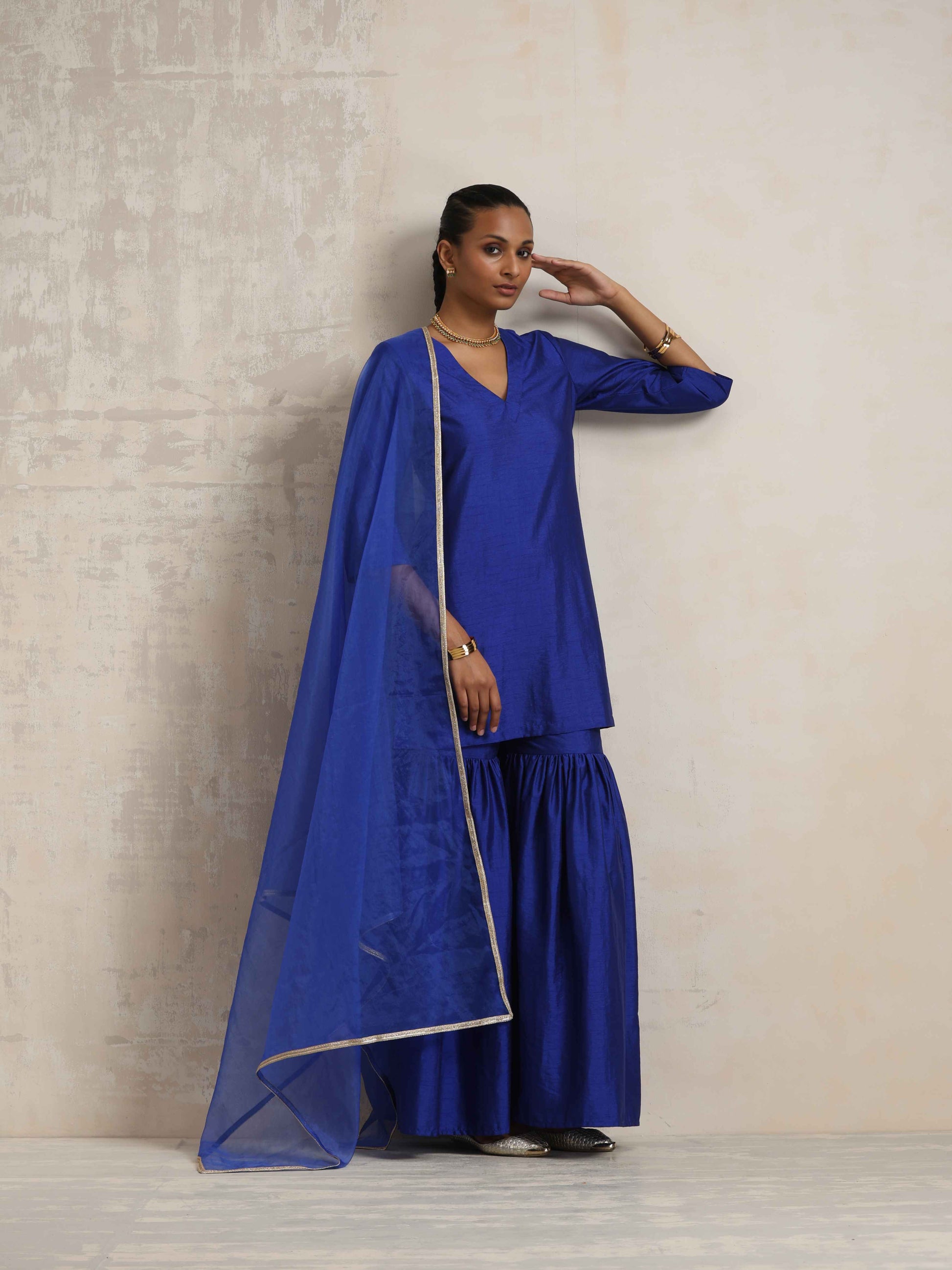 trueBrowns Electric Blue Sharara Dupatta Set | Swadesiicart