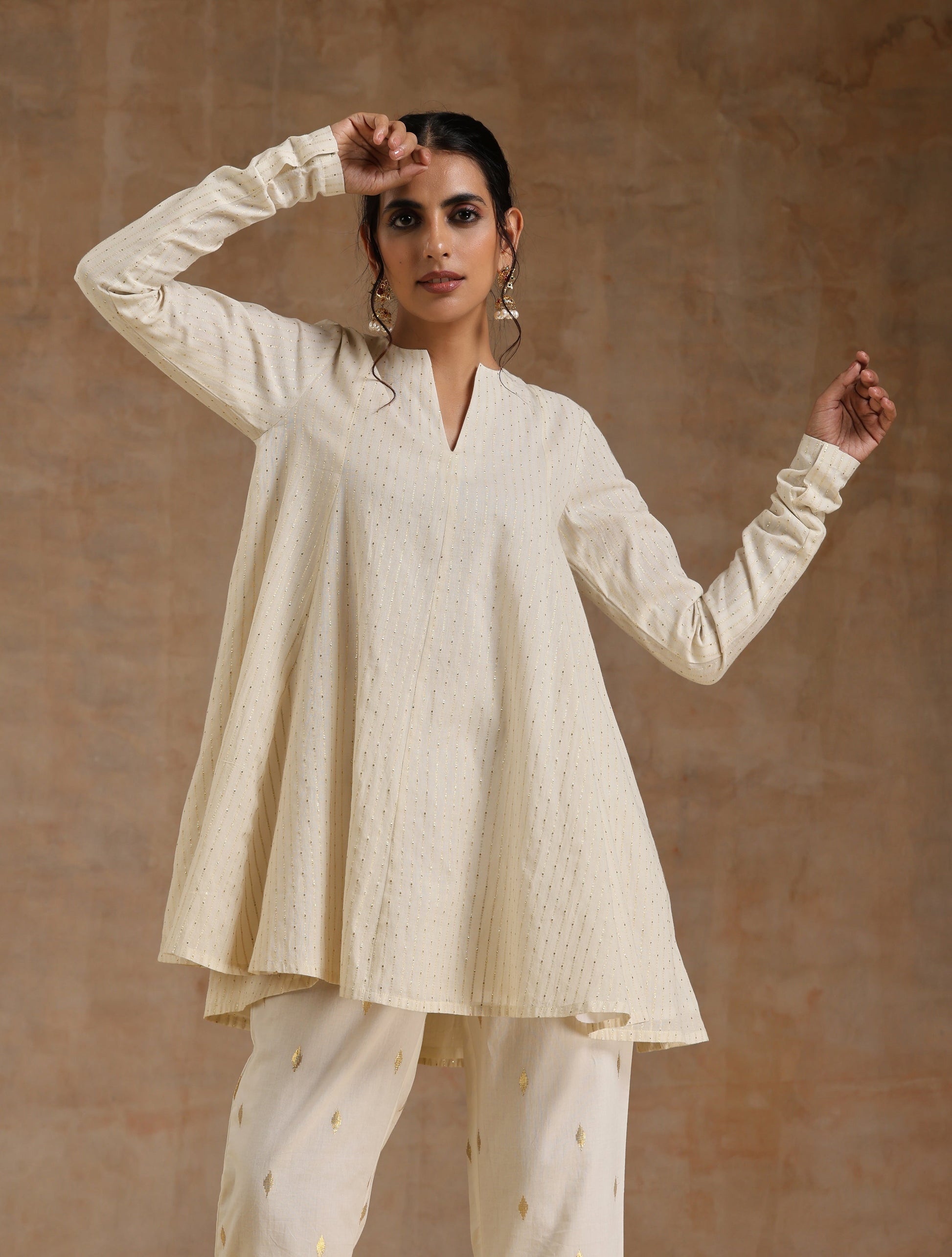 trueBrowns Ivory Gold Cotton Flared Co-Ord Set - Swadesiicart