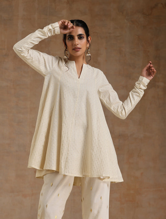 trueBrowns Ivory Gold Cotton Flared Co-Ord Set - Swadesiicart