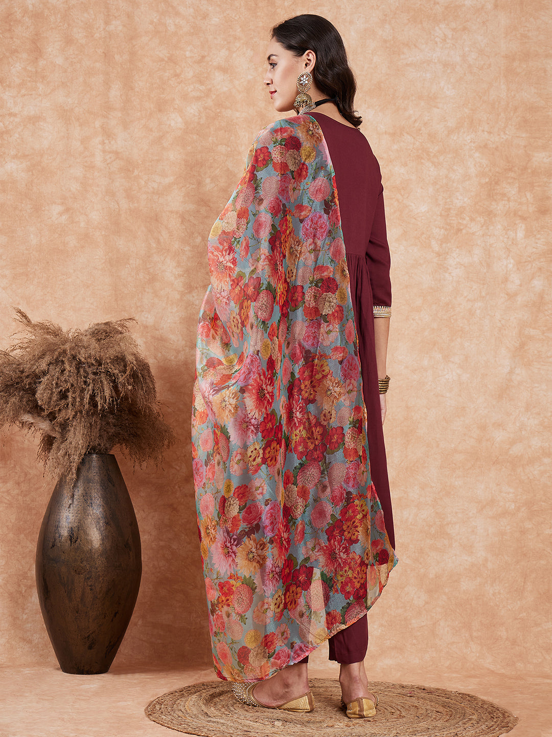 InWeave Women's Dark Burgundy Alia Neck Style Gota Set W Organza Dupatta - Swadesiicart
