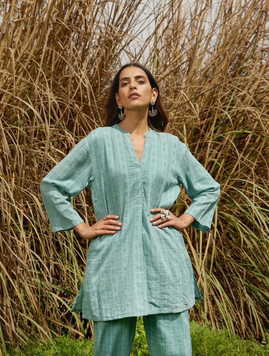 trueBrowns Light Blue Cotton Dobby Relaxed Co-ord Set - Swadesiicart