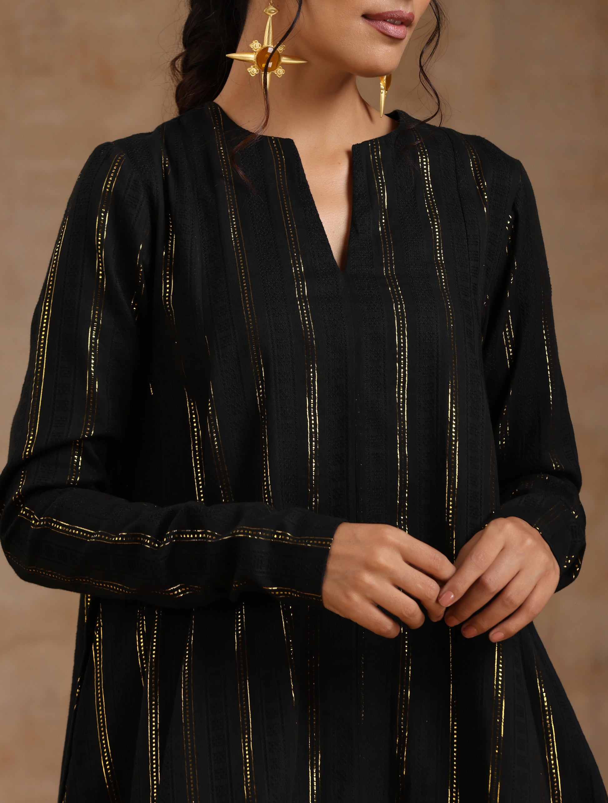 trueBrowns Black Gold Cotton Flared Co-Ord Set - Swadesiicart
