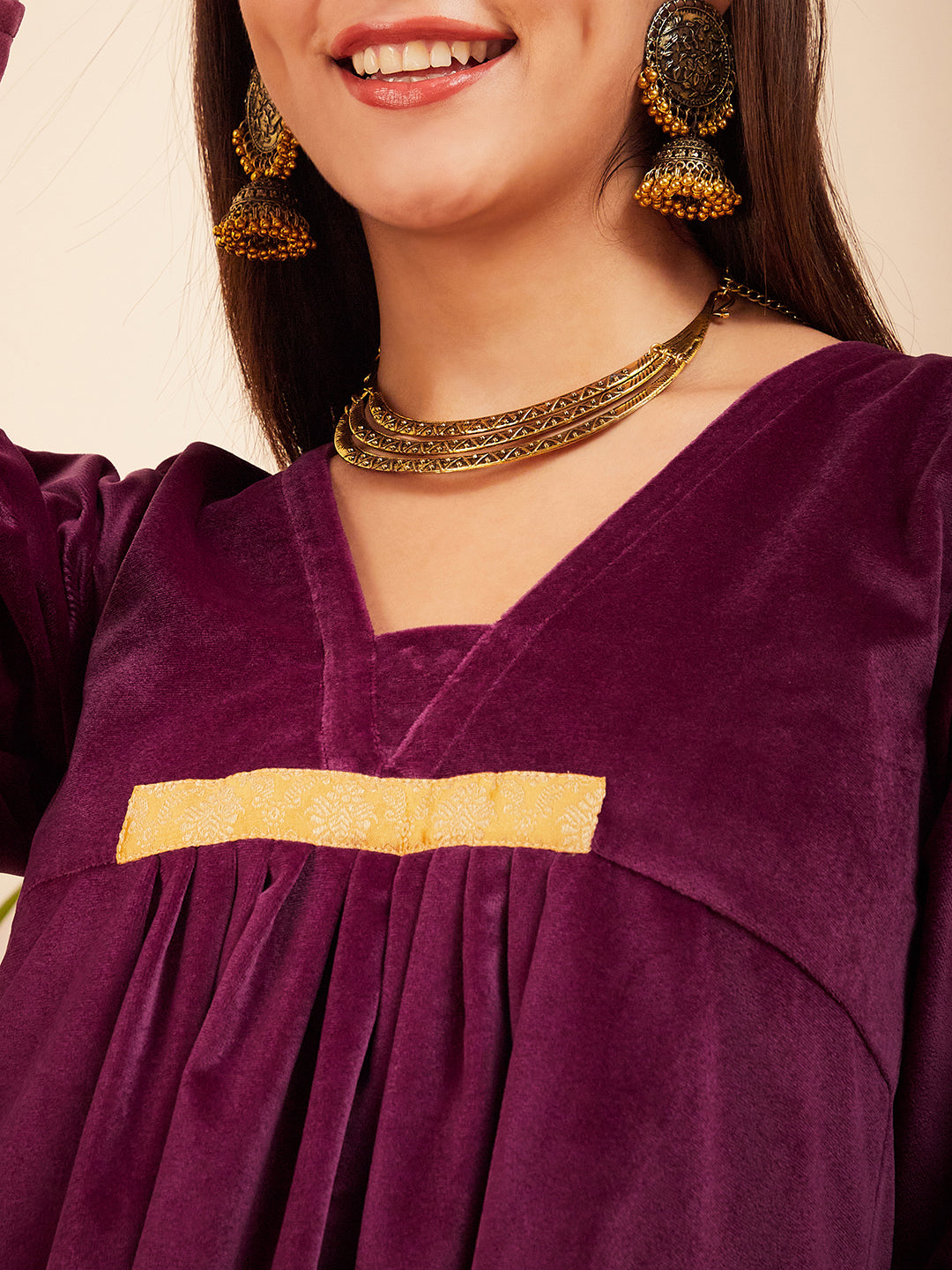 InWeave Women's Wine V Neck Asymmetrical Pleated Velvet Kurta Set - Swadesiicart
