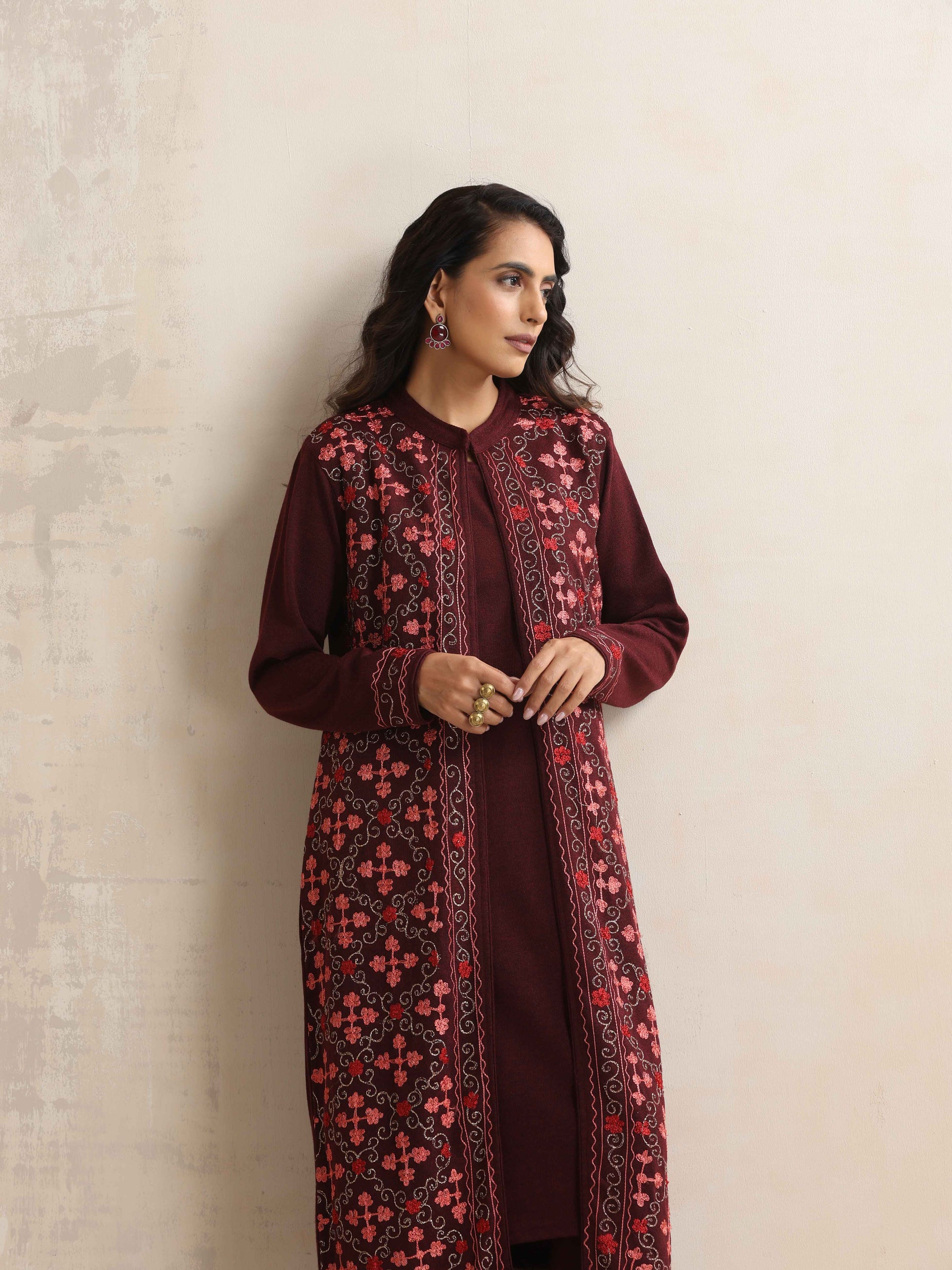 trueBrowns Purple Kashmiri Woollen Jacket 3pc Set | Swadesiicart