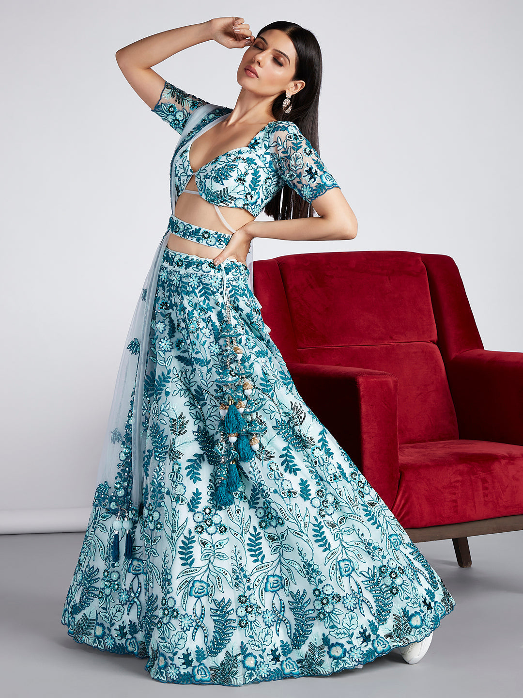 House of Panchhi Turquoise Blue Net Sequins, Mirror And Thread Embroidery Lehenga Choli & Dupatta | Swadesiicart