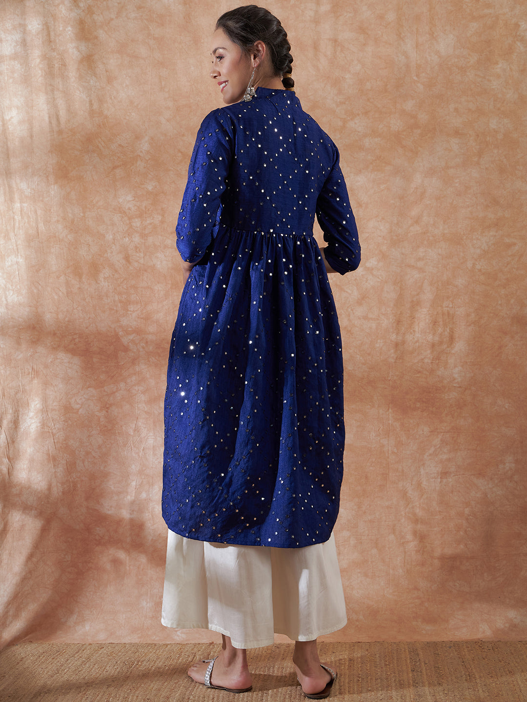 InWeave Women's Blue Mirror Work Flared Kurta - Swadesiicart