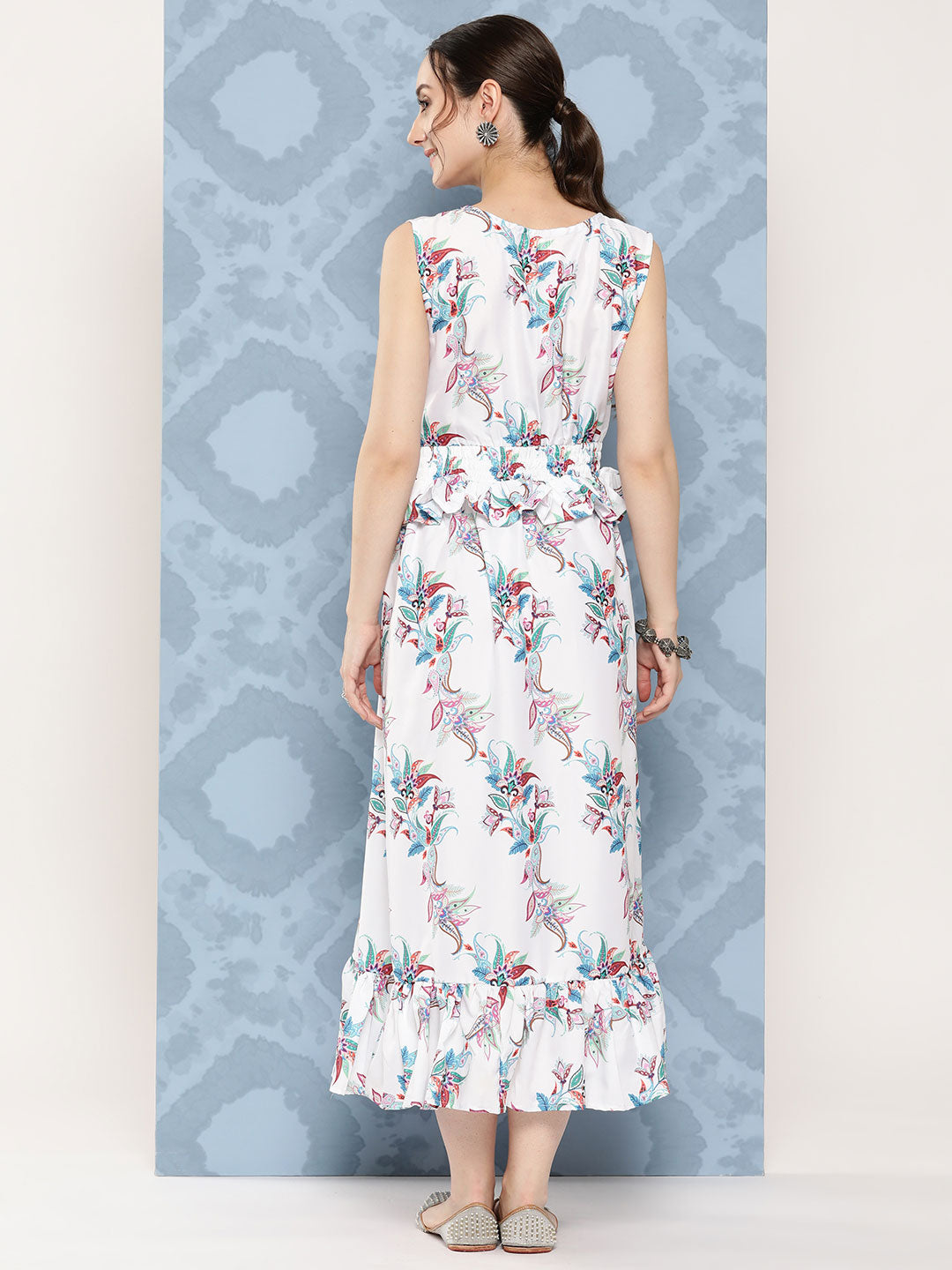 InWeave Women's White Floral Paisley Print Long Frill Dress - Swadesiicart