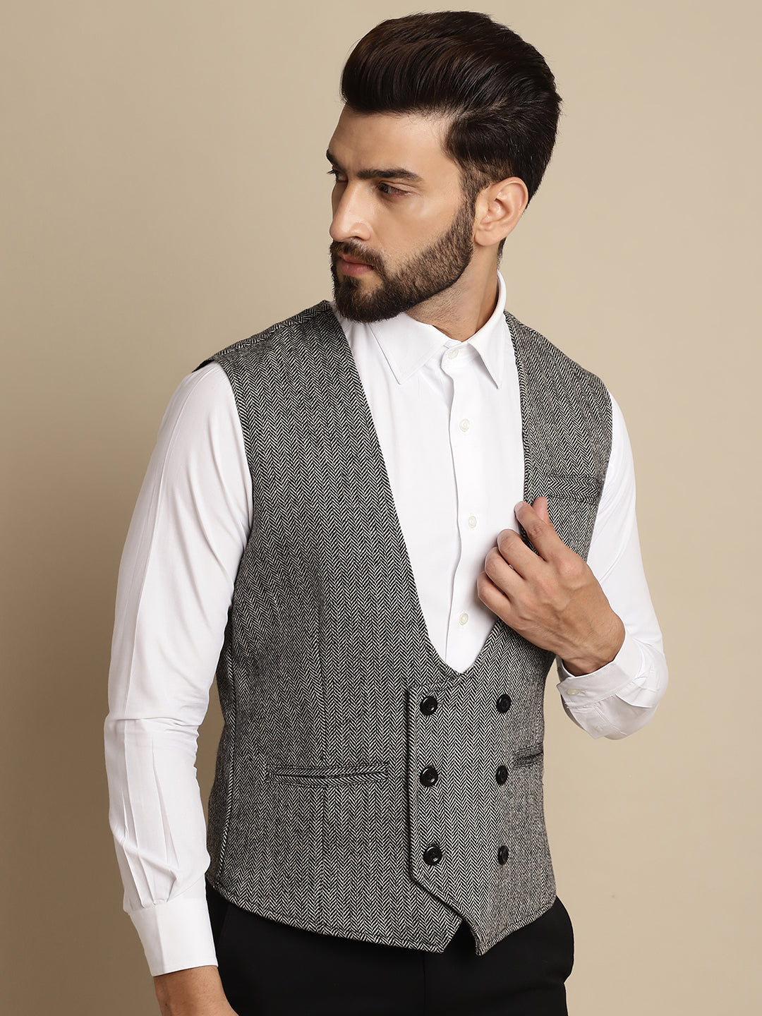 Even Apparels Men's Grey Woolen Double Breast Waistcoat | Swadesiicart