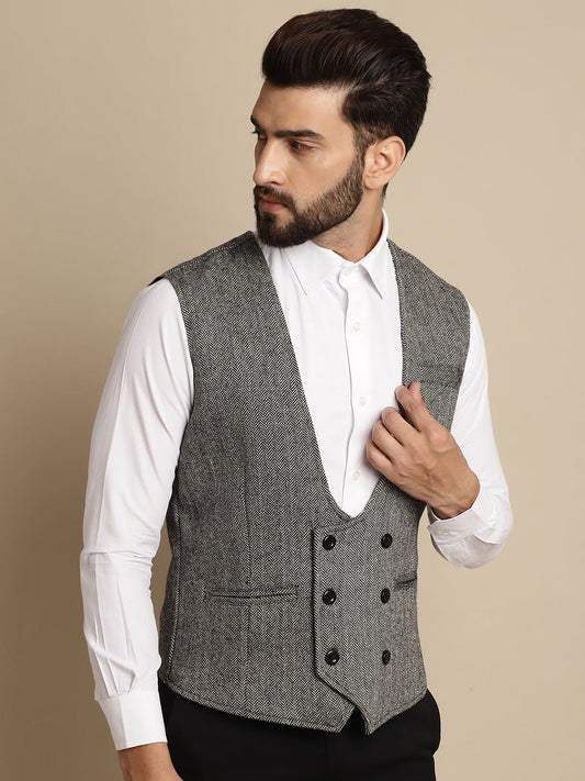 Even Apparels Men's Grey Woolen Double Breast Waistcoat | Swadesiicart
