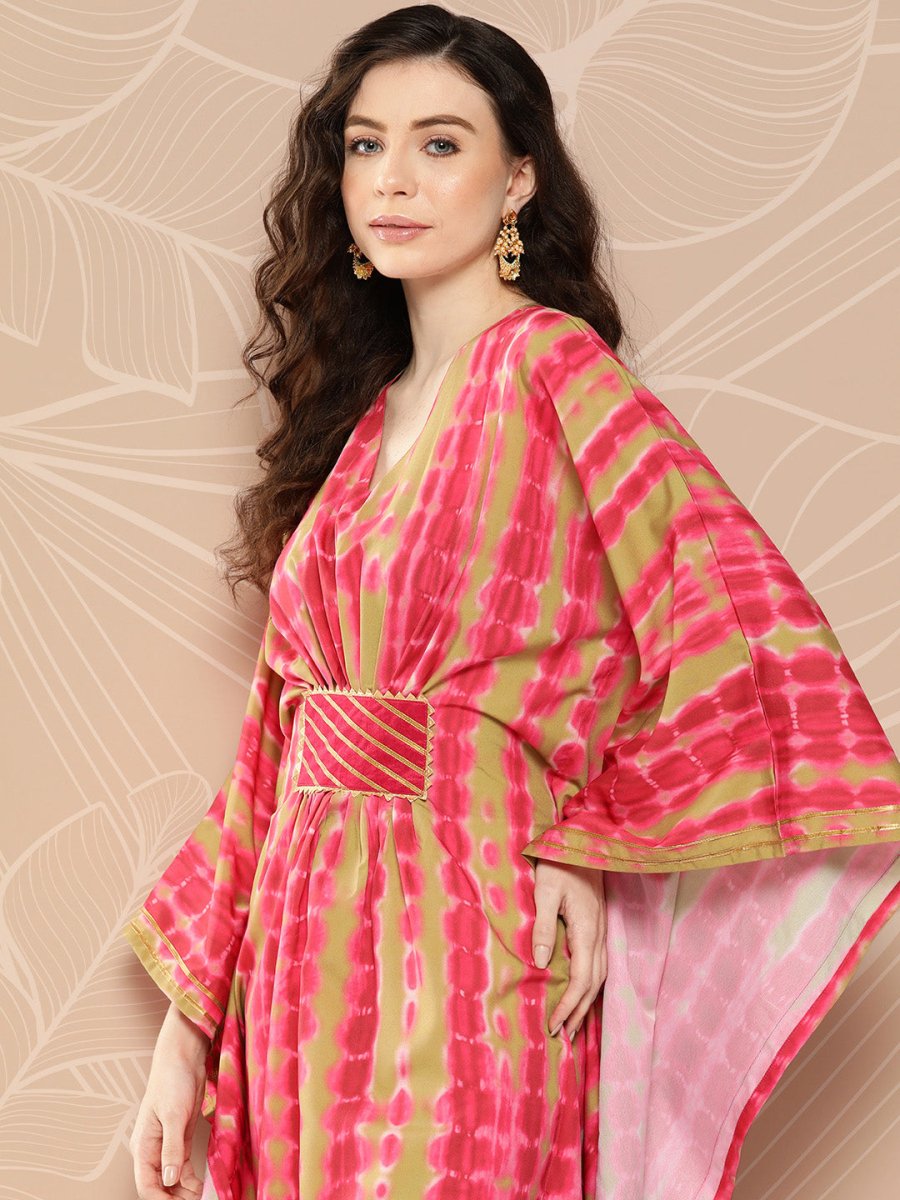 Ahalyaa Women Printed Flared Sleeves Gotta Patti Belted Detail Crepe Kaftan Kurta | Swadesiicart