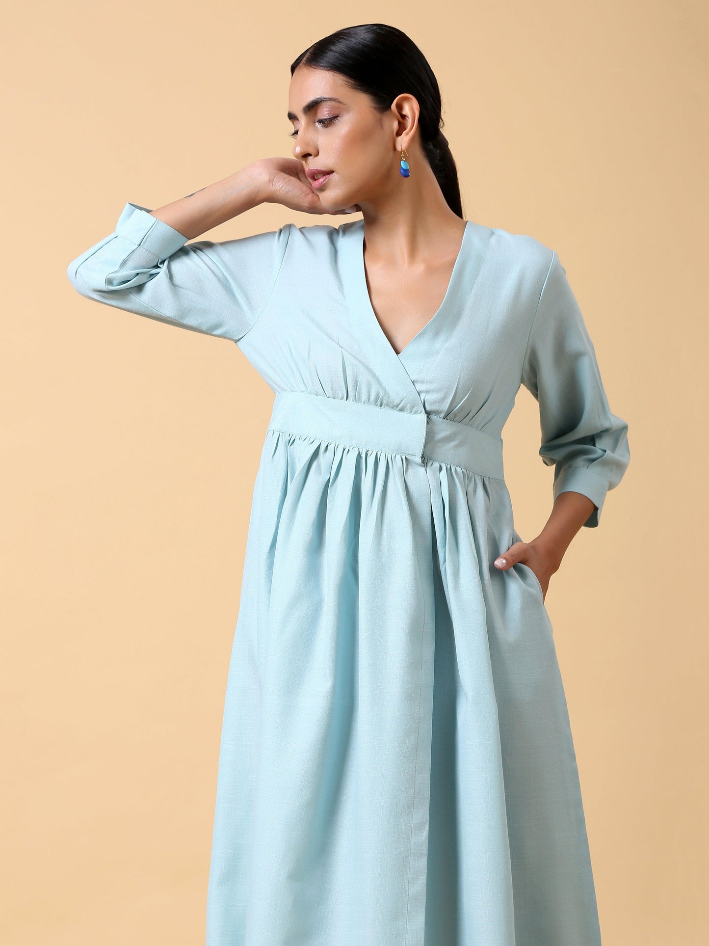 trueBrowns Cotton Linen Light Blue Wrap Dress | Swadesiicart