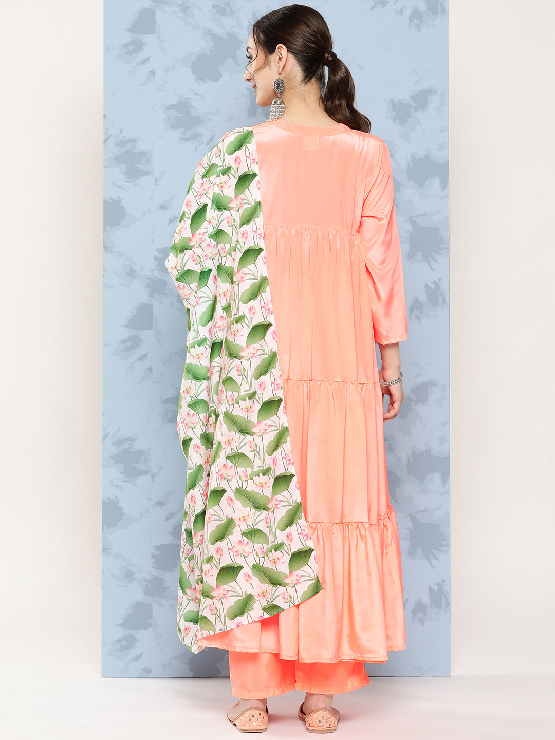 InWeave Women's Peach Tiered Kurta Set With White Pink Lotus Cr Dupatta - Swadesiicart