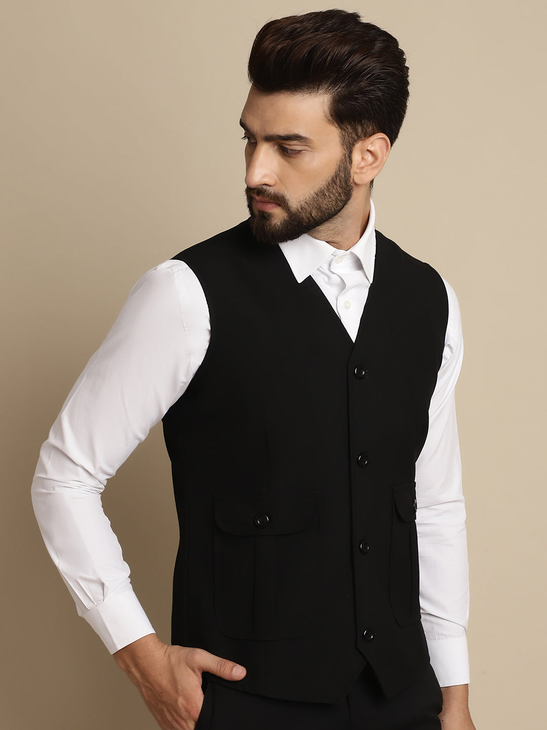 Even Apparels Men's Black Waistcoat With Patch Pocket | Swadesiicart