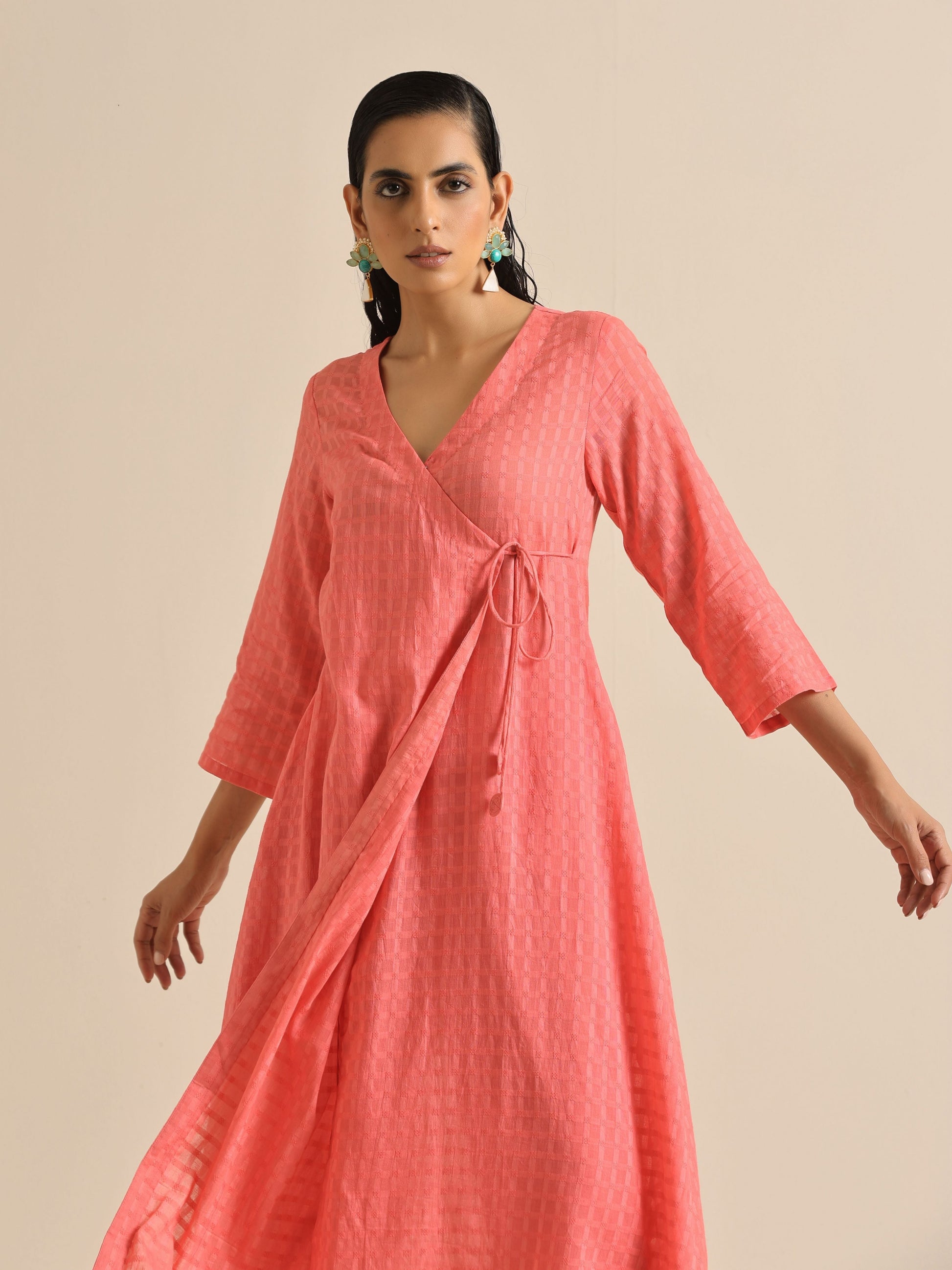 trueBrowns Bright Pink Dobby Angrakha Kurta Pant Set | Swadesiicart