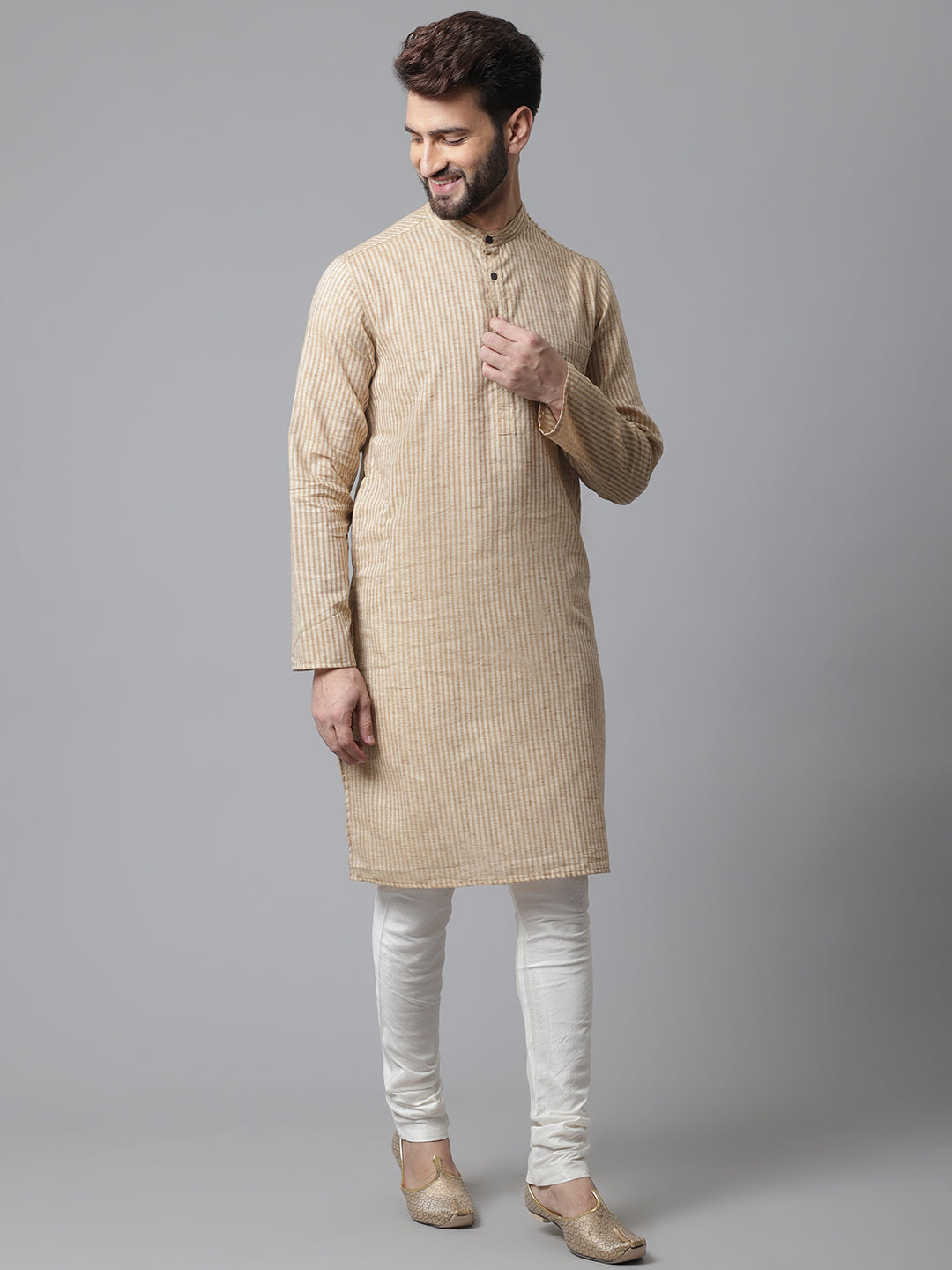Even Apparels Pure Cotton Kurta With Band Collar - Beige | Swadesiicart