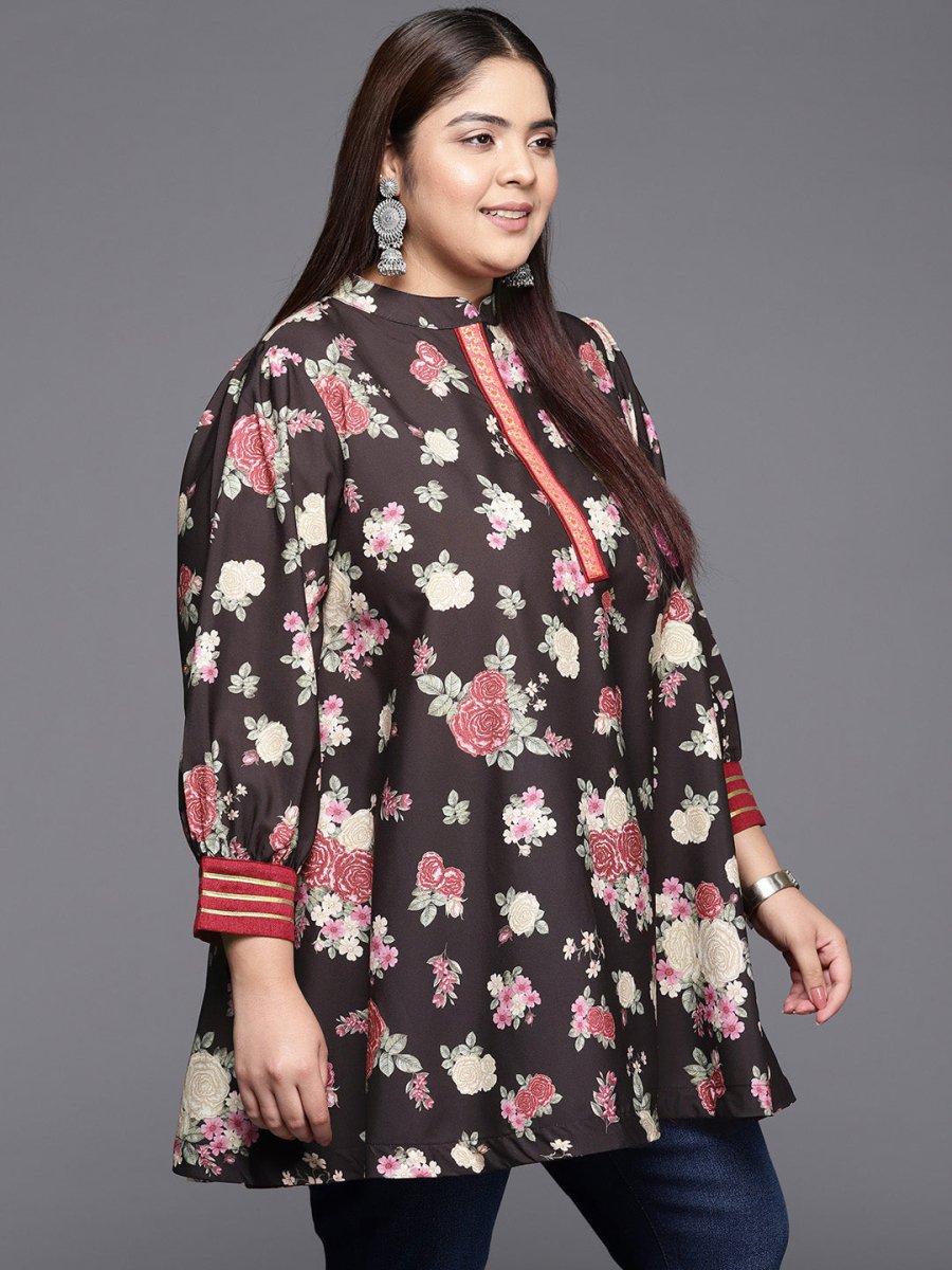 Ahalyaa Mandarin Collar Crepe Floral Printed Tunic | Swadesiicart