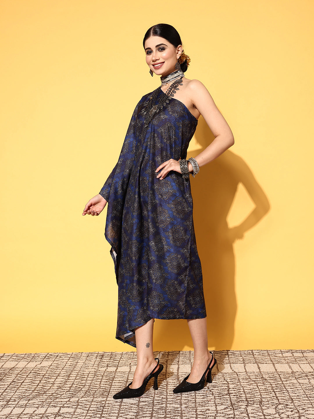 InWeave Women's Indigo Boota Print One Shoulder Kaftan Dress - Swadesiicart