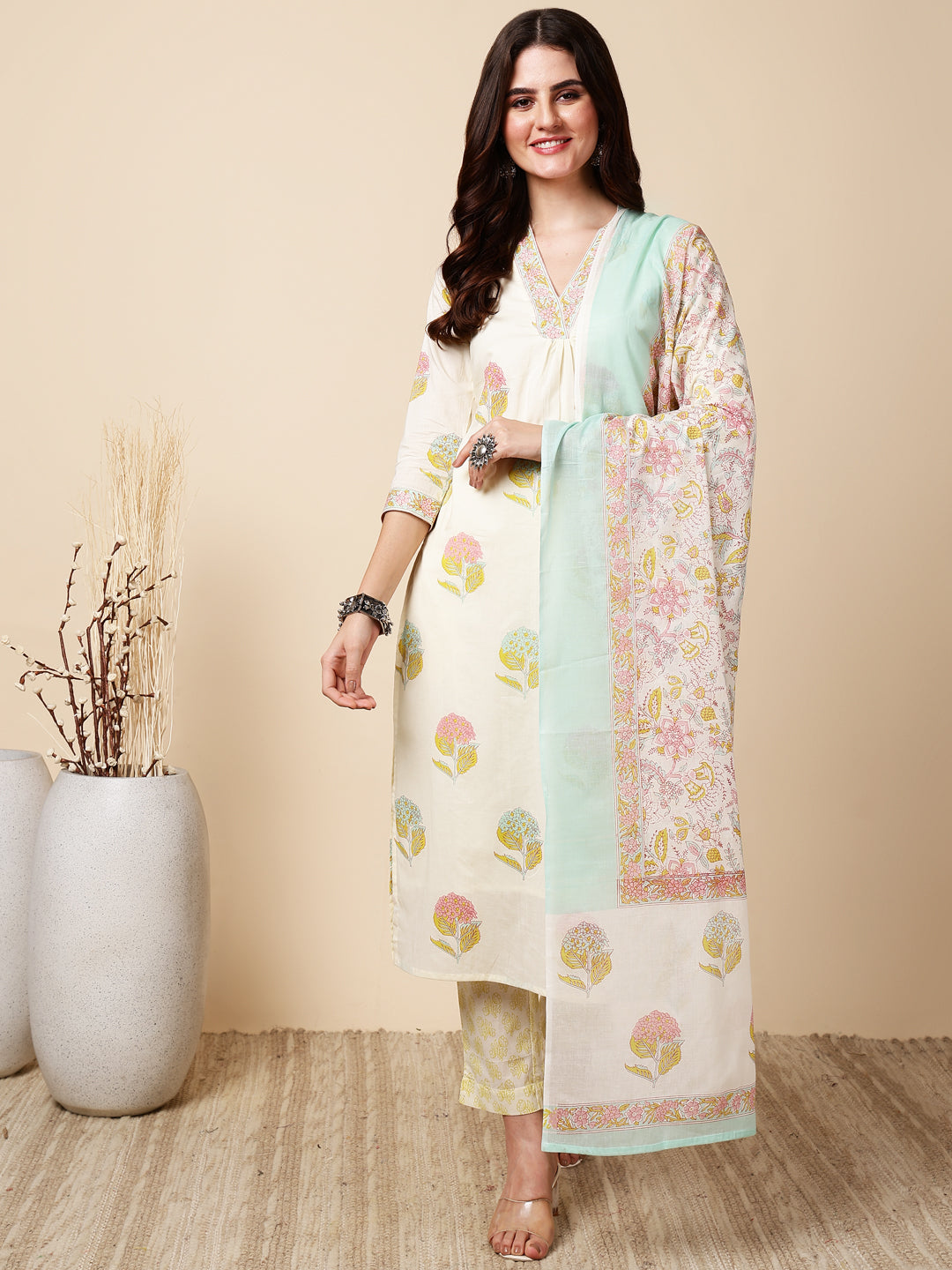 Antaran Cream Pure Cotton Floral Printed Kurta Pant And Dupatta Set - Swadesiicart