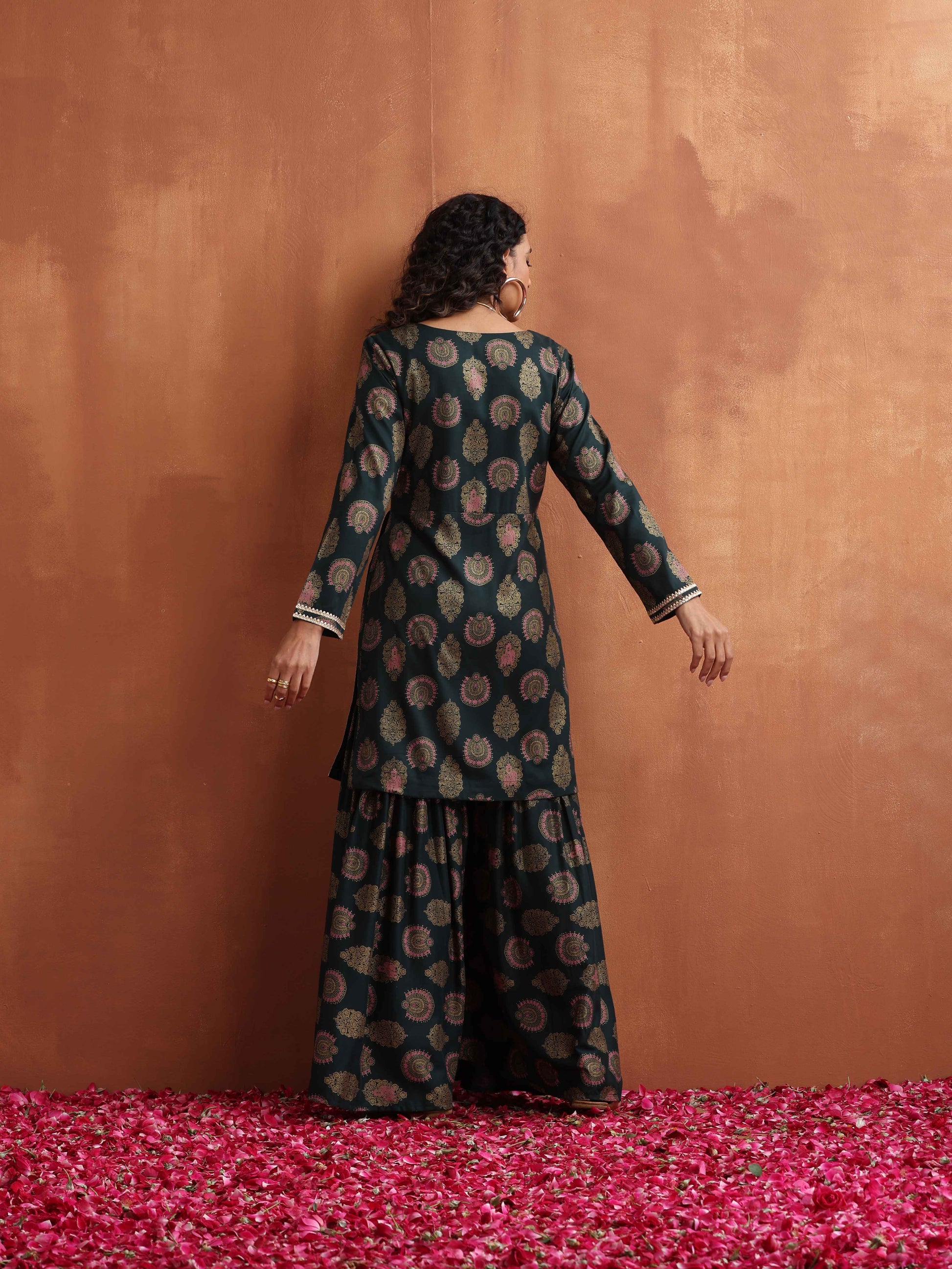 trueBrowns Green Foil Print Sharara Set | Swadesiicart