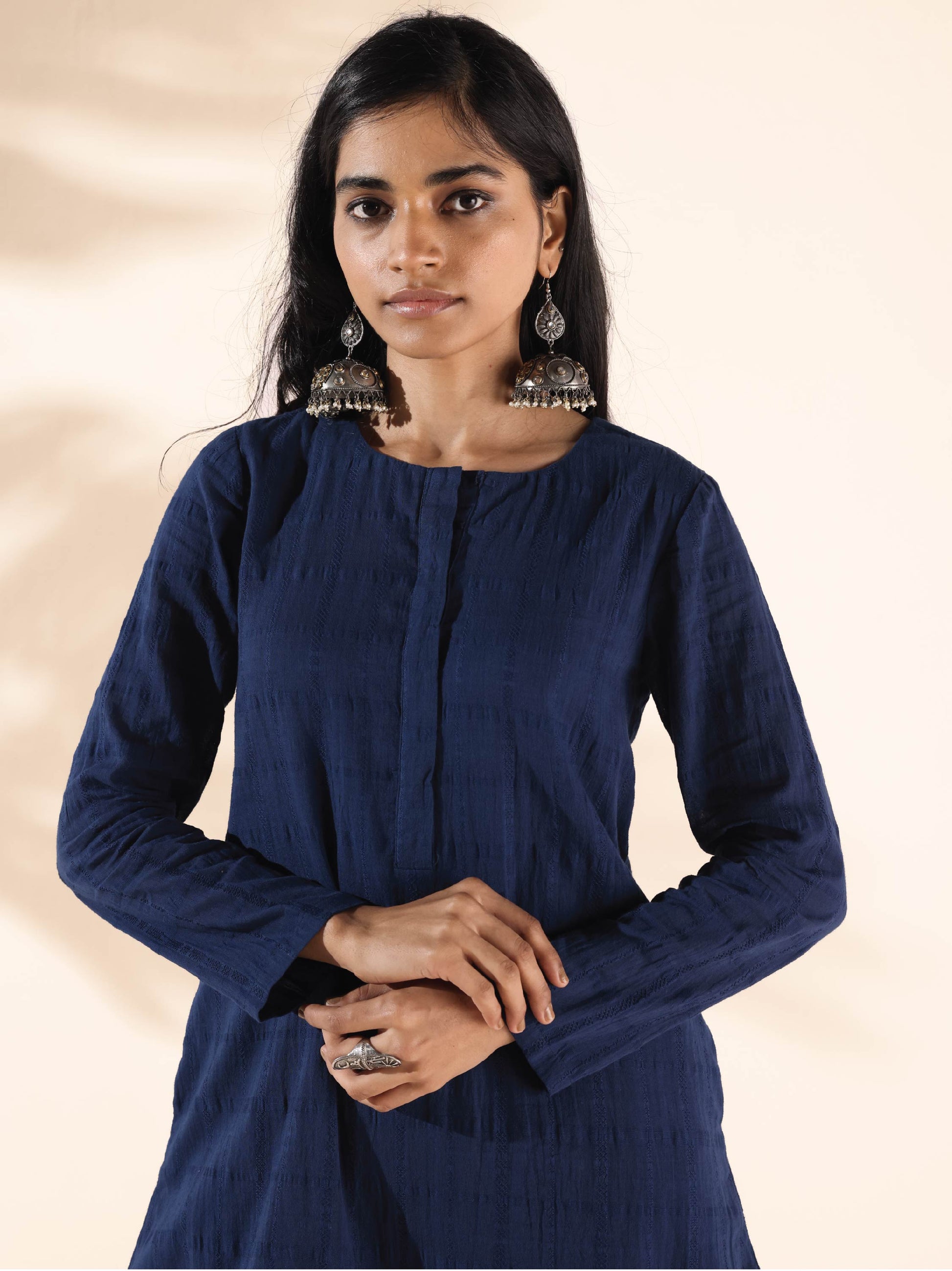 trueBrowns Blue Cotton Dobby Relaxed Co-ord Set - Swadesiicart