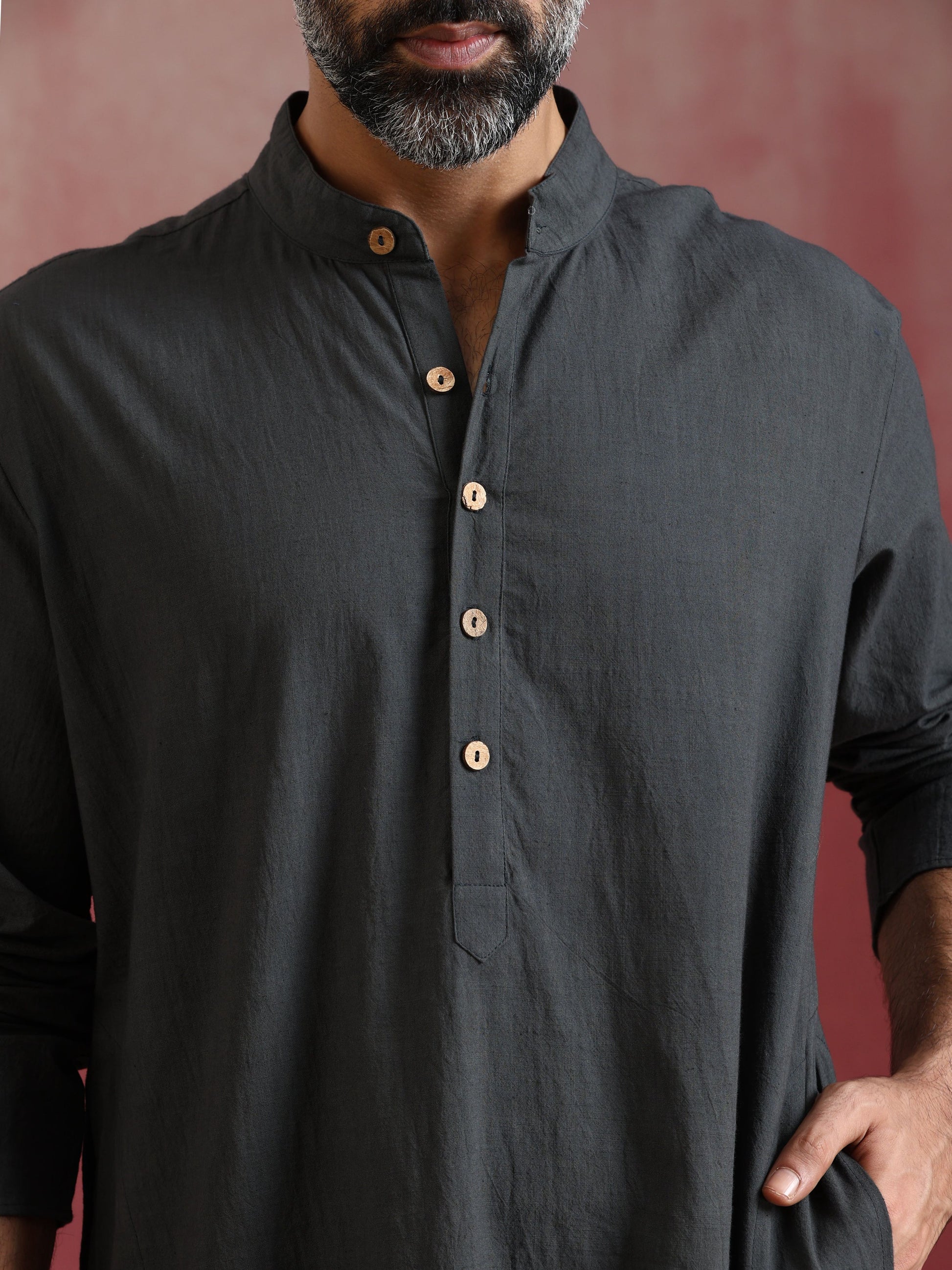 trueBrowns Men's Charcoal Grey Mandarin Collar Kurta | Swadesiicart