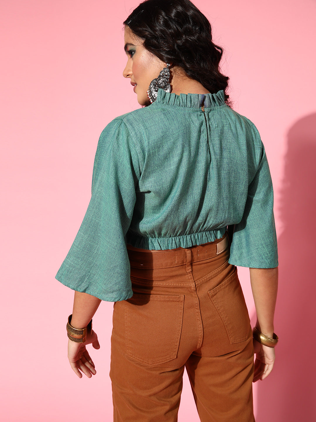 InWeave Women's Teal Blue High Neck Crop Top - Swadesiicart