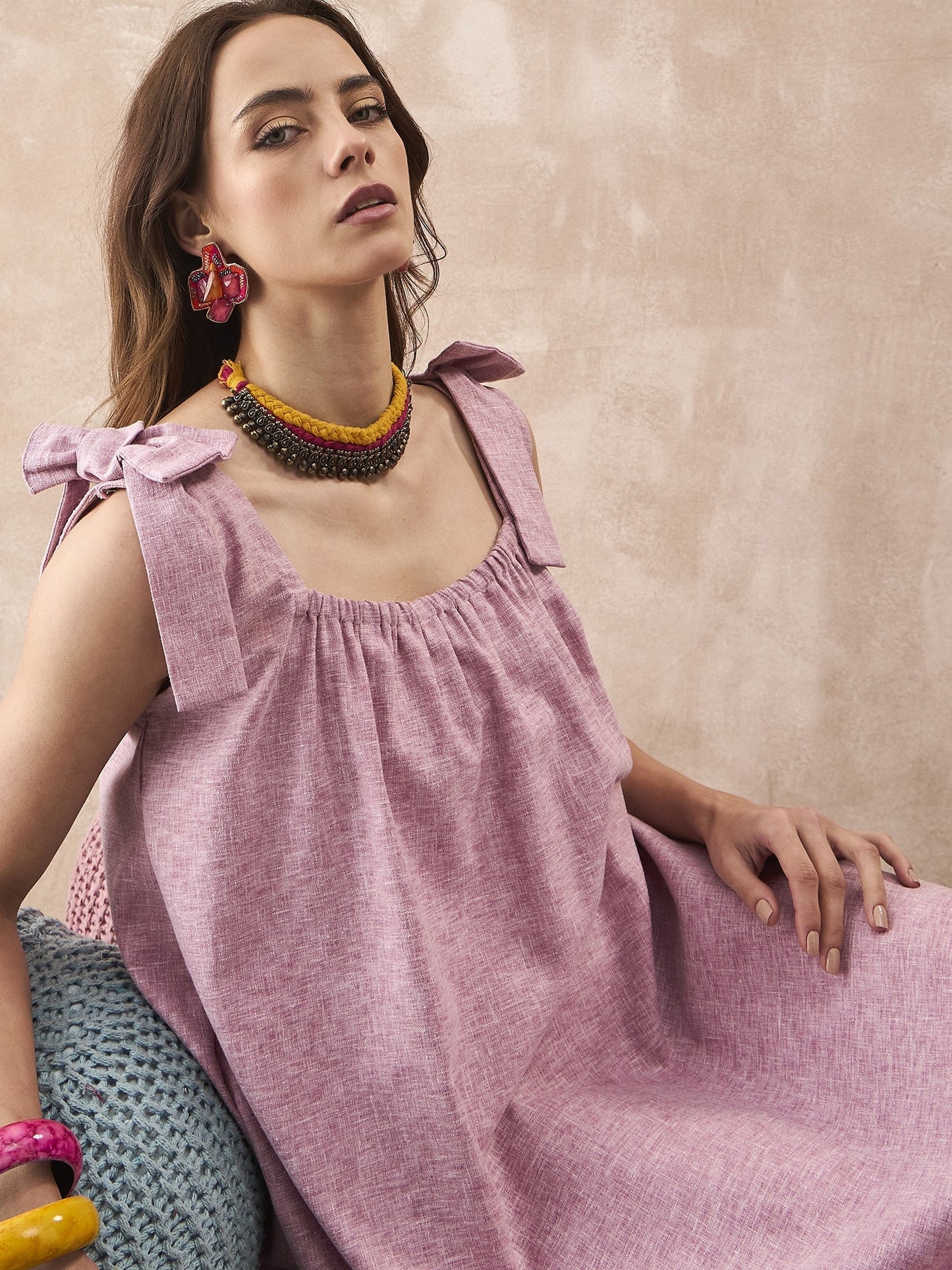 InWeave Dull Pink Linen Round Pleat Bow Dress - Swadesiicart