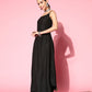 InWeave Women's Black Strappy Kurta Set With Teal Organza Cape - Swadesiicart