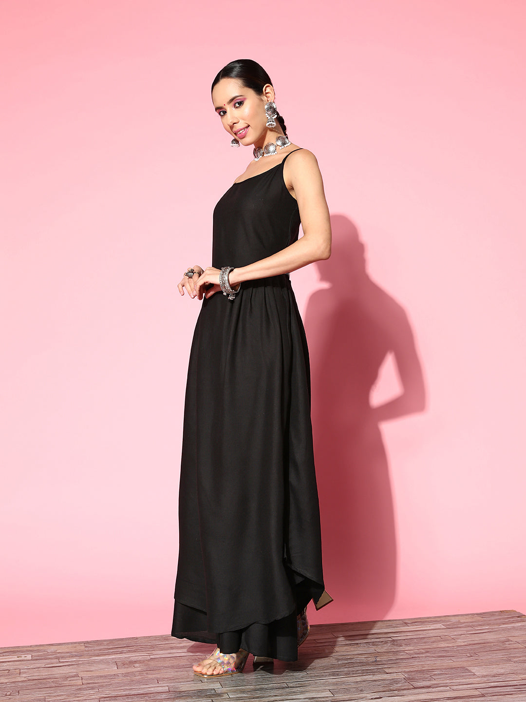 InWeave Women's Black Strappy Kurta Set With Teal Organza Cape - Swadesiicart