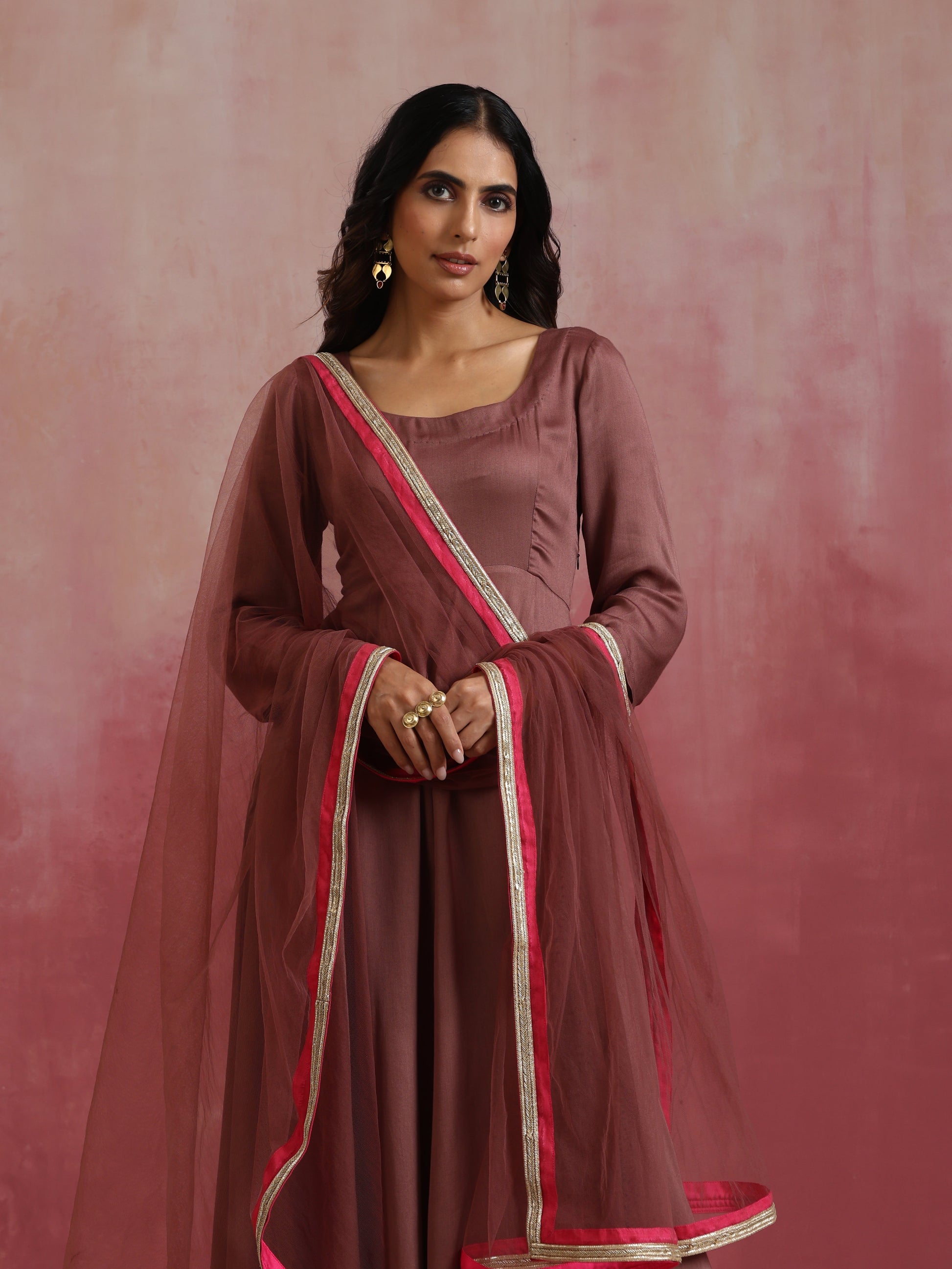 trueBrowns Brown Modal Anarkali Kurta Set | Swadesiicart