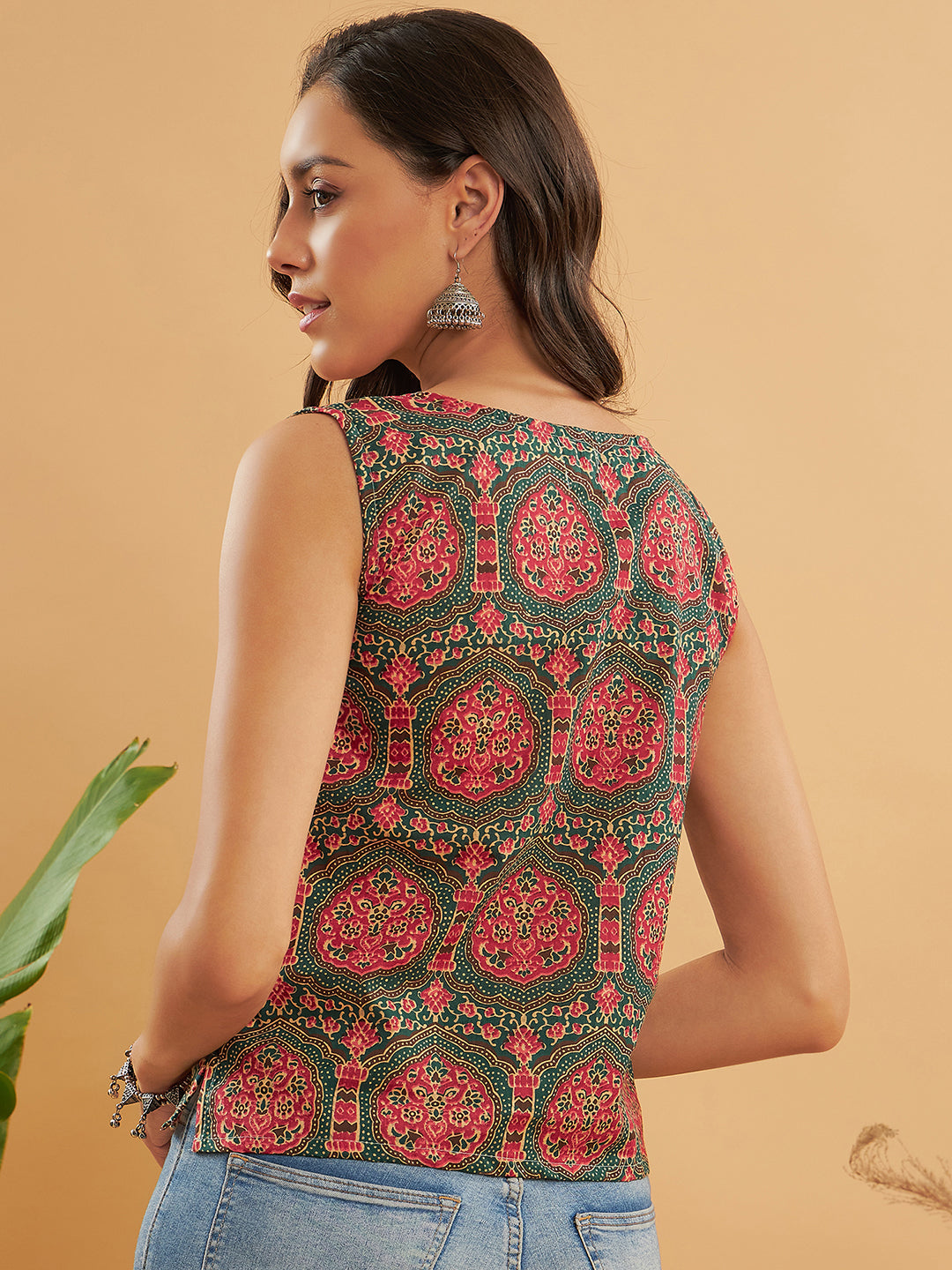 InWeave Green Red Mughal Kalamkari Top - Swadesiicart