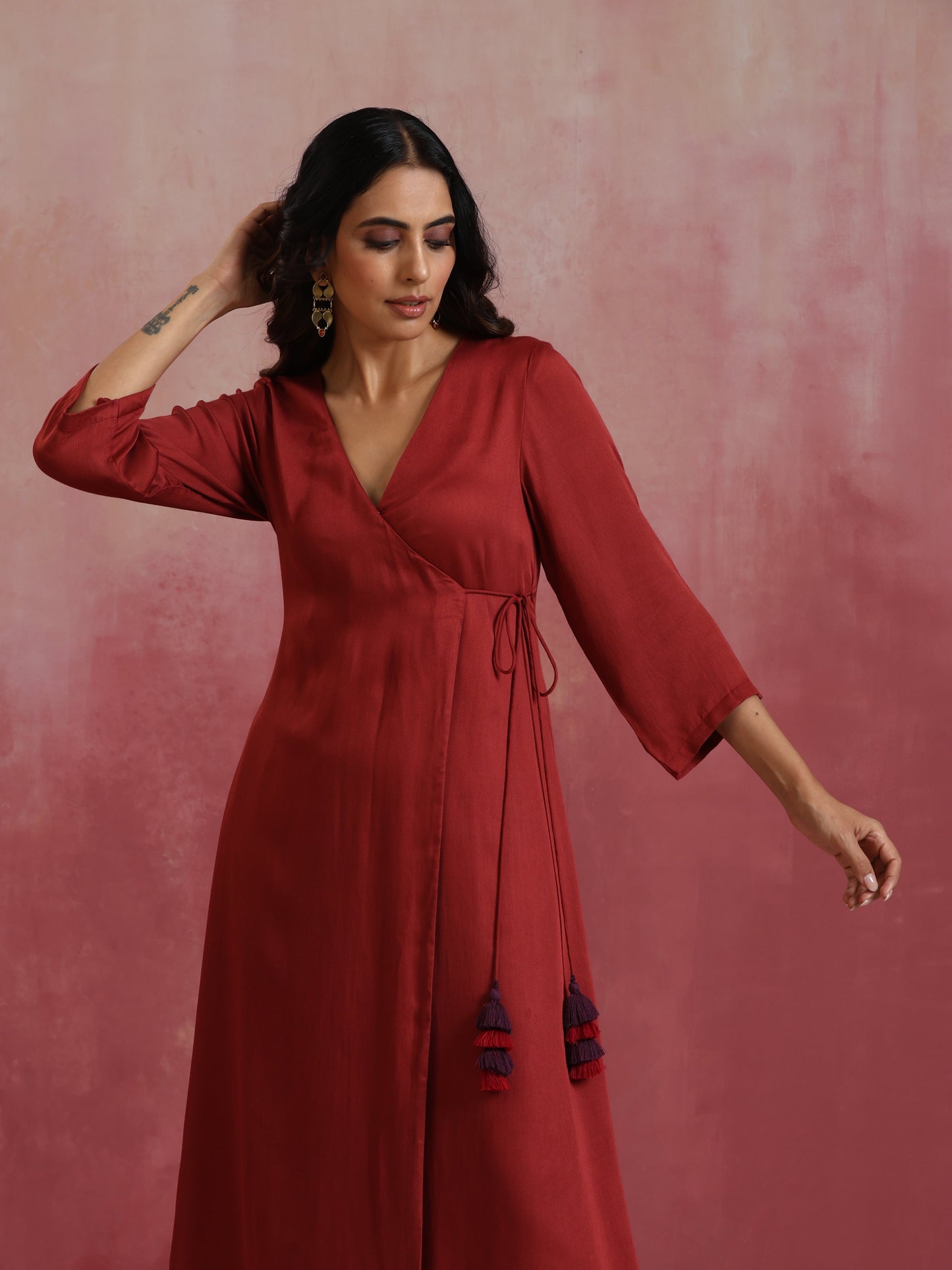 trueBrowns Maroon Modal Angrakha Kurta Set | Swadesiicart