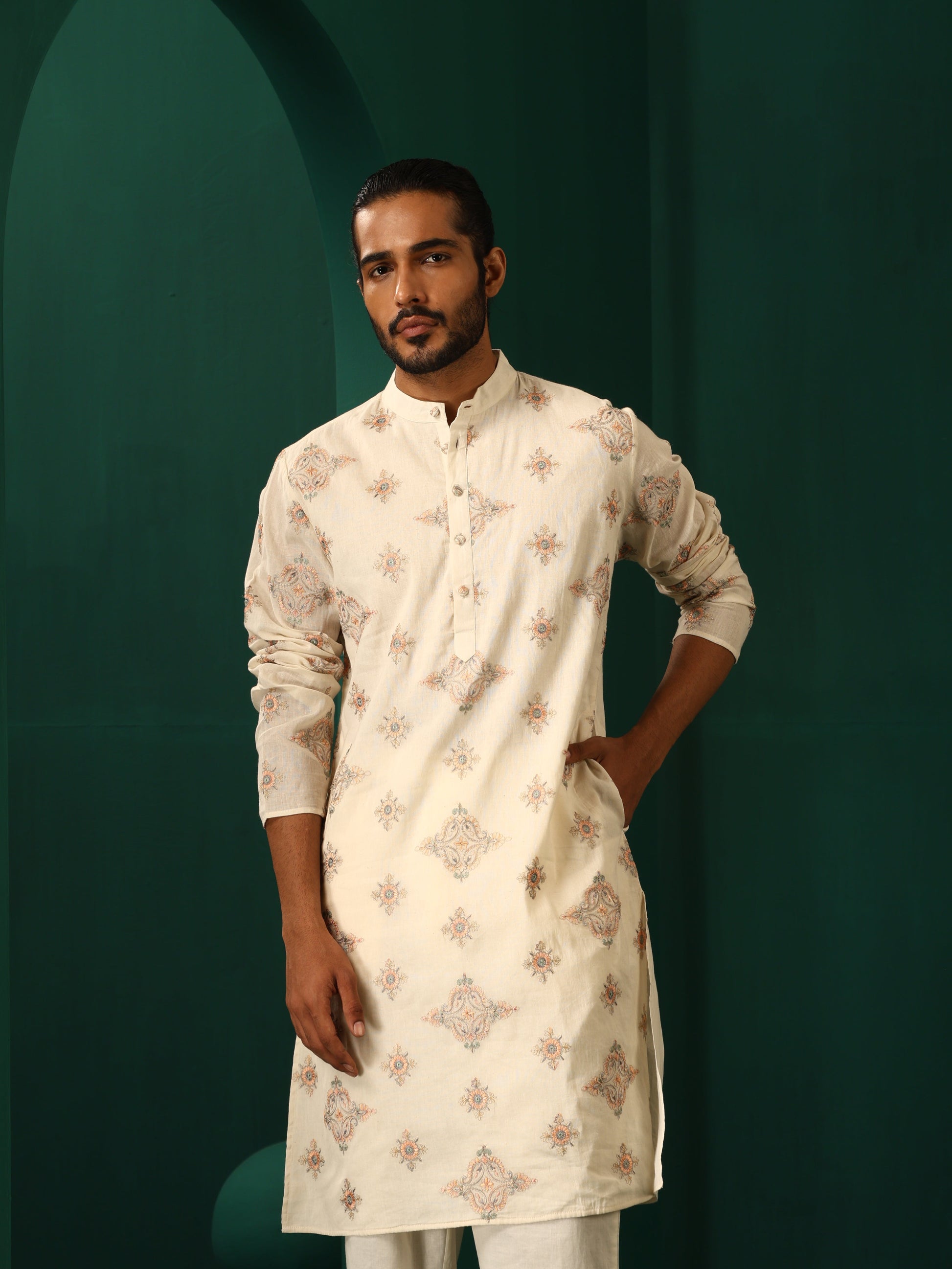 trueBrowns Men's Ivory Peach Cotton Kurta | Swadesiicart