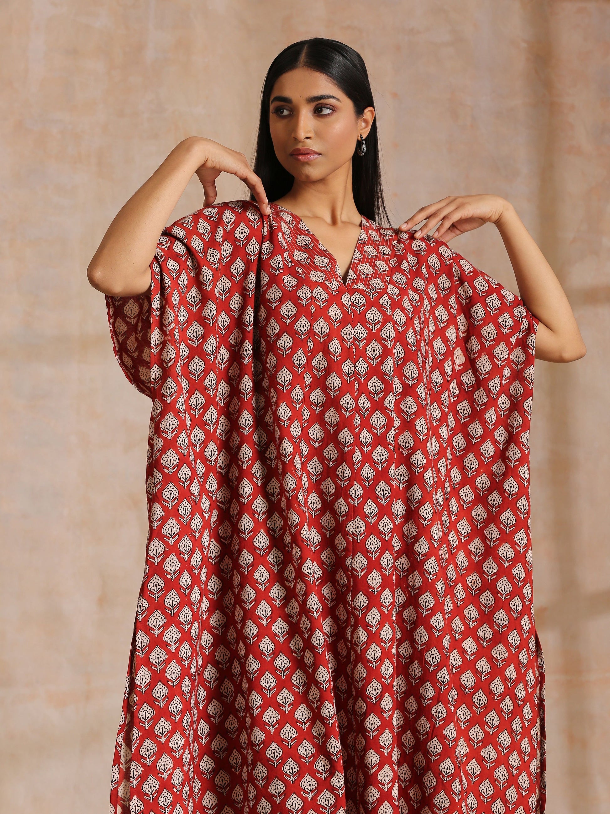 trueBrowns Rust Red Bagru Floral Print Cotton Panel Kaftan Kurta Pant Set | Swadesiicart