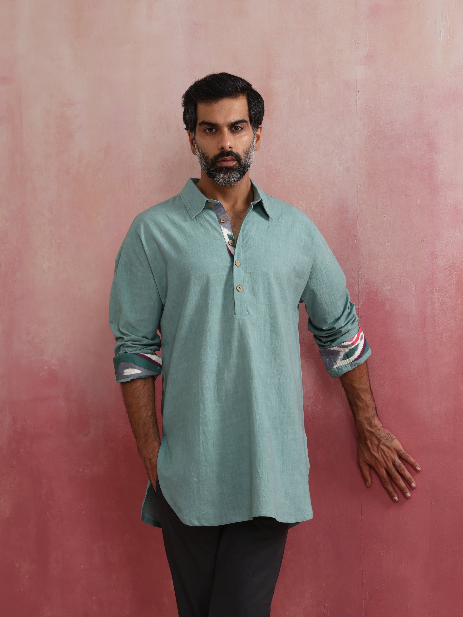 trueBrowns Men's Aqua Blue Cotton Shirt Collar Stylized Kurta | Swadesiicart