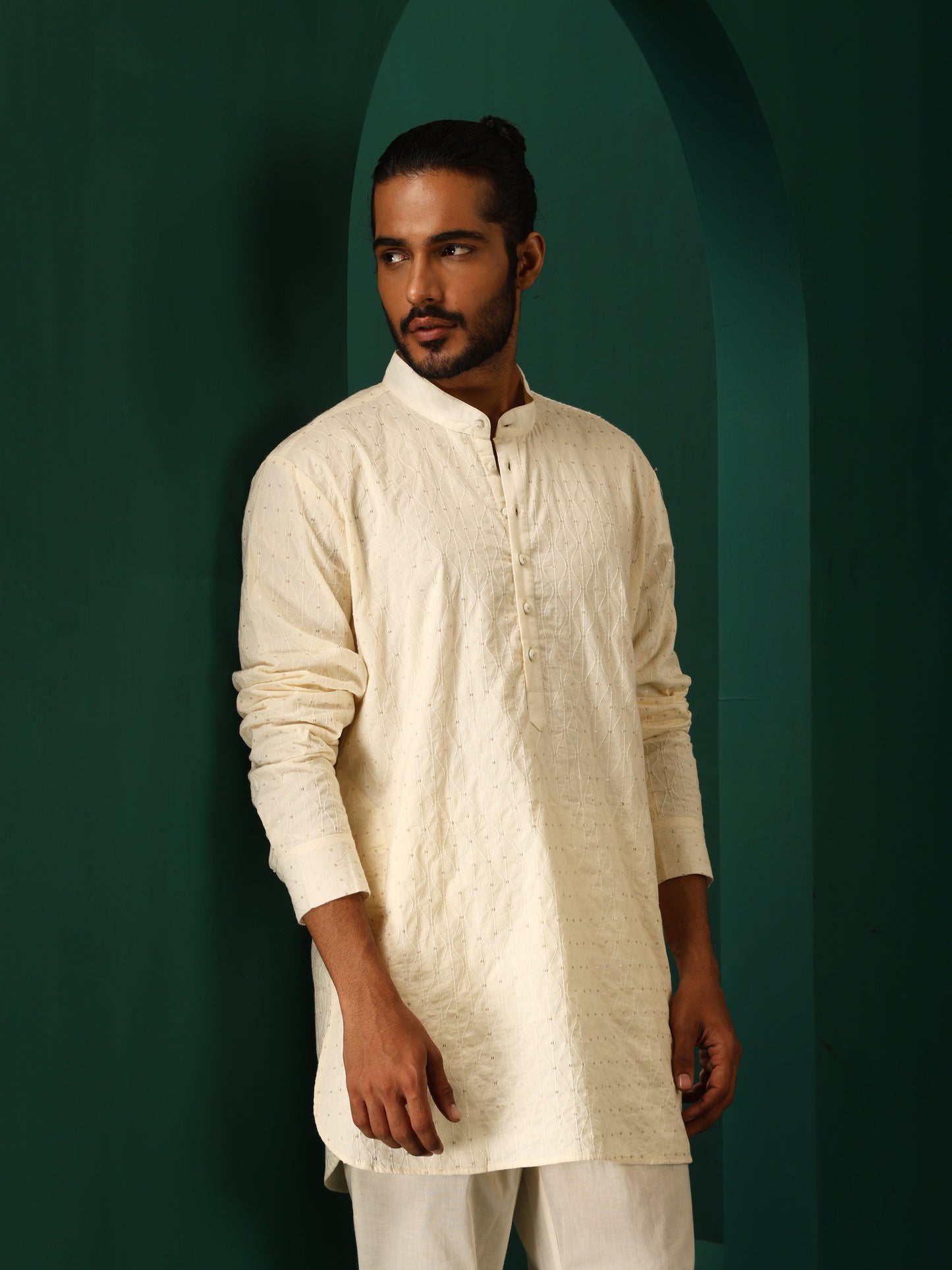 trueBrowns Men's Ivory Tonal Cotton Co-ord Set - Swadesiicart
